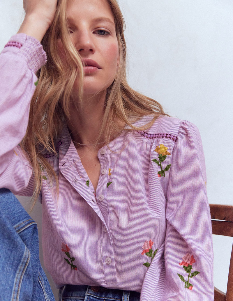 Embroidered Trim Interest Top-Purple Stripe Embroidery 3