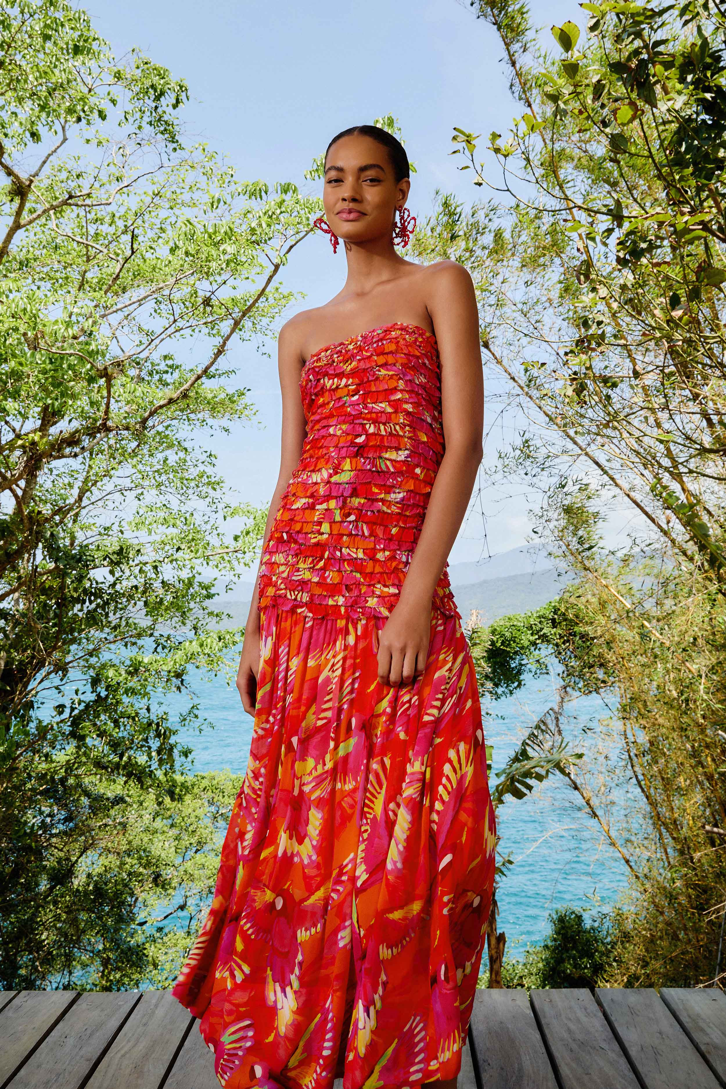 Orange Flying Birds Strapless Midi Dress - 3