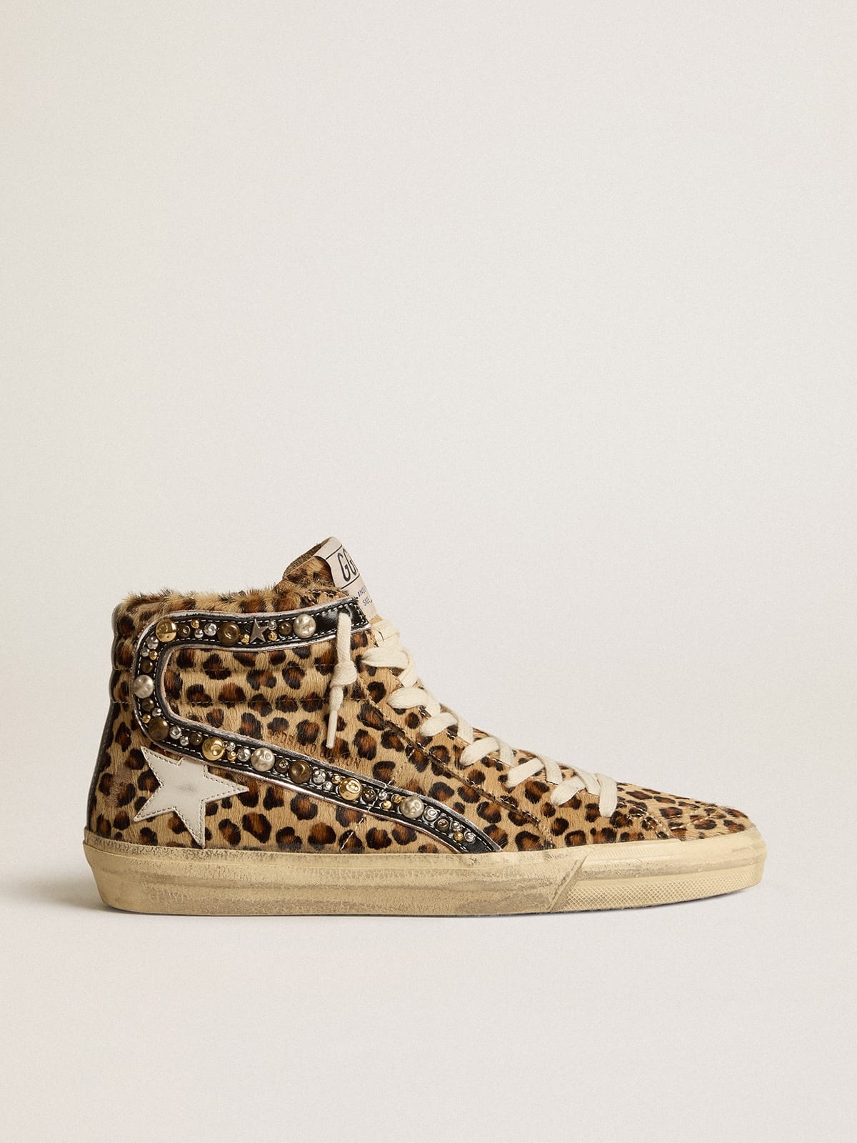 Golden Goose Women\'s Slide LAB in animal-print pony skin with studded  leather flash | REVERSIBLE