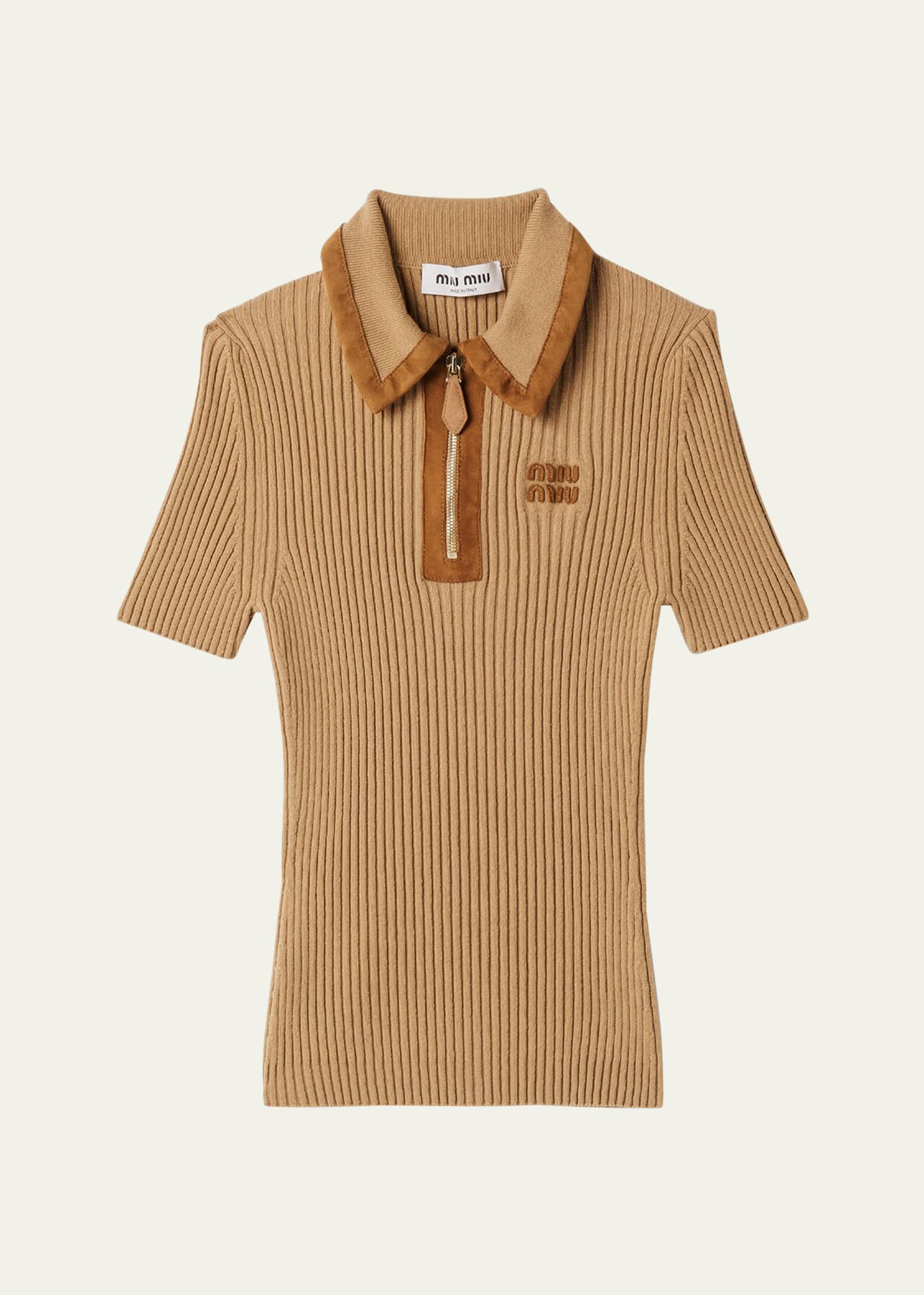 Cashmere Rib Short-Sleeve Polo Top - 1