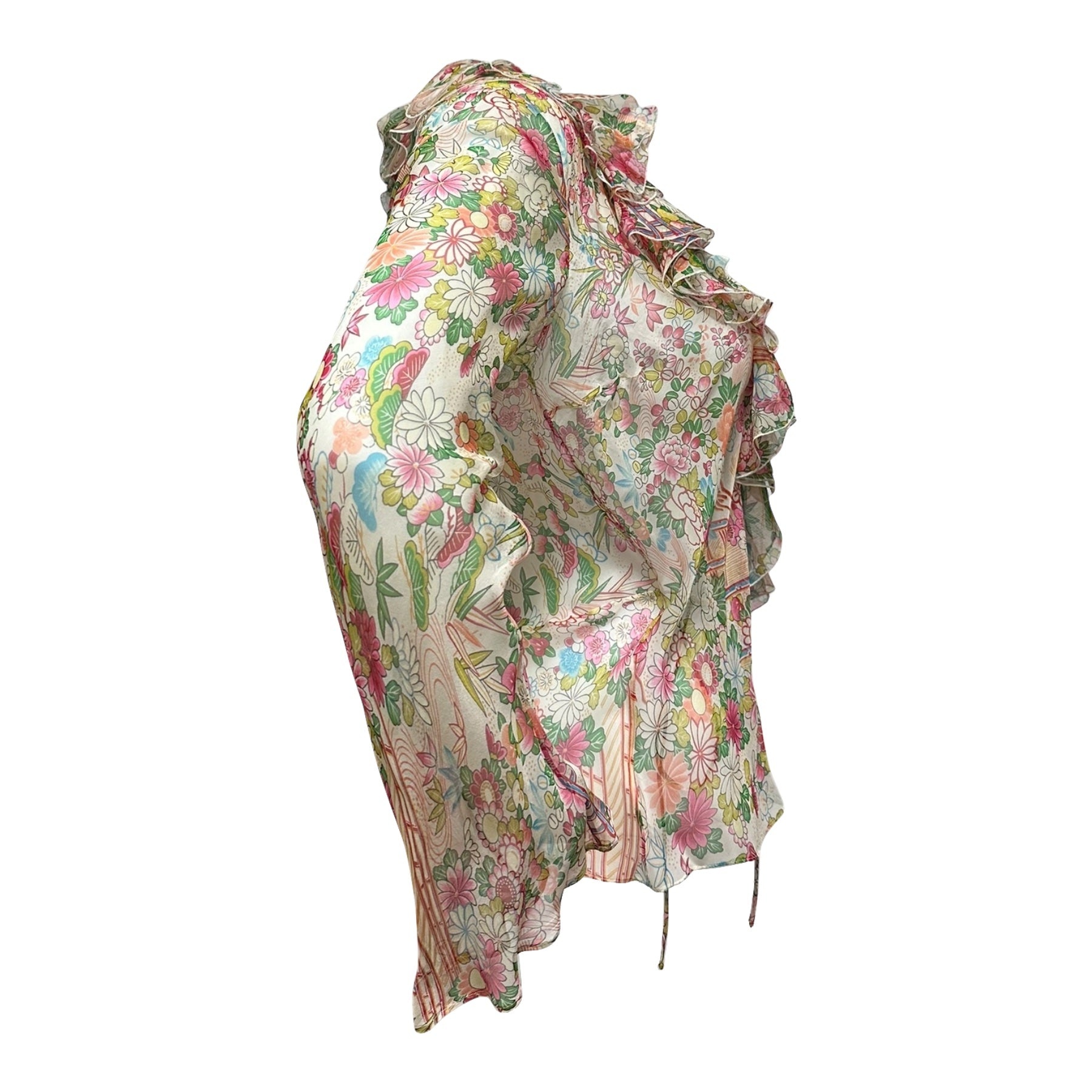 CHRISTIAN DIOR Spring Summer 2002 Floral Print Silk Chiffon Wrap Shirt - 3