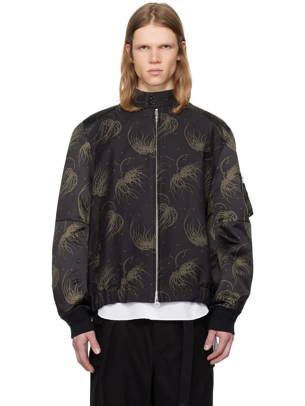 Black Dot Flower Print Bomber Jacket - 1