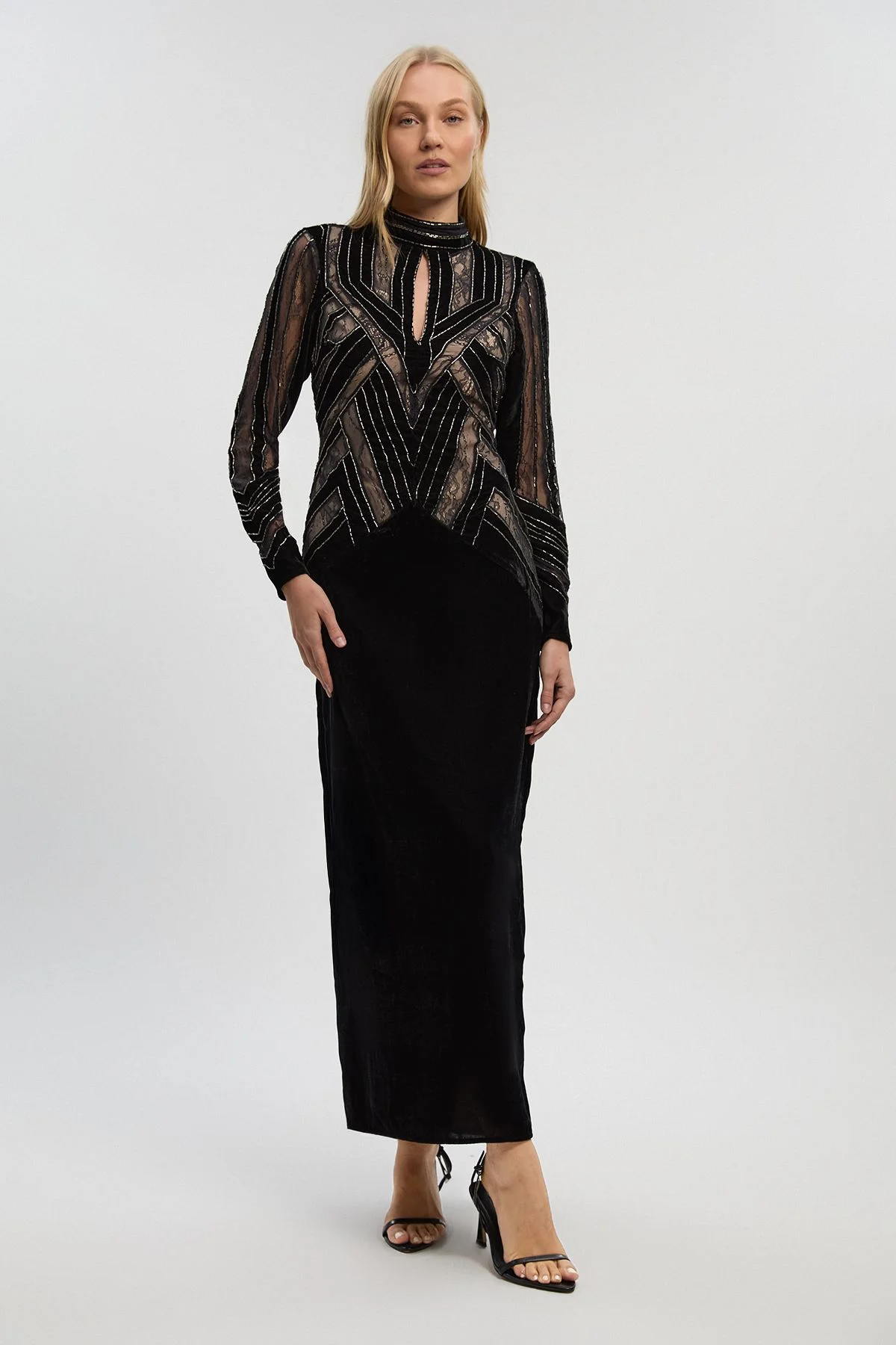 Velvet Embellished Long Sleeve Maxi Dress - 1