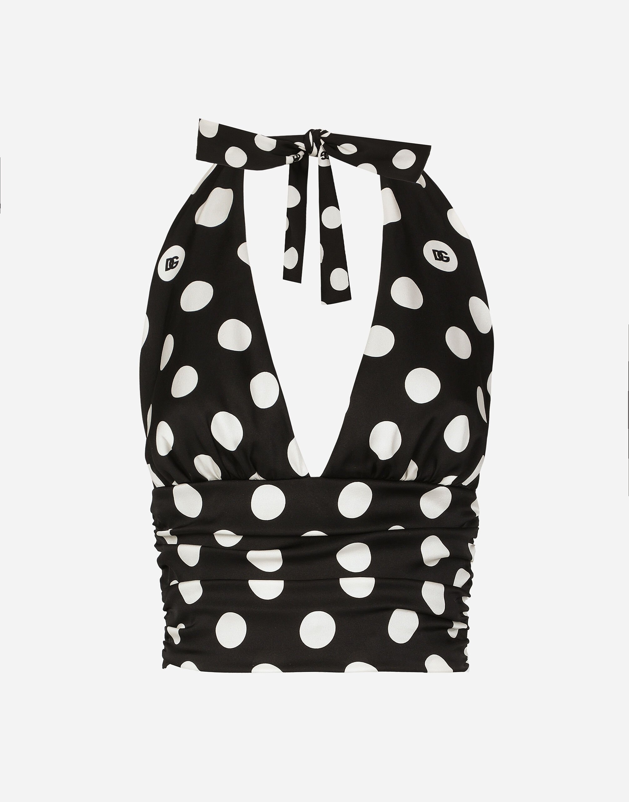 Polka-dot charmeuse top with plunging neckline - 1