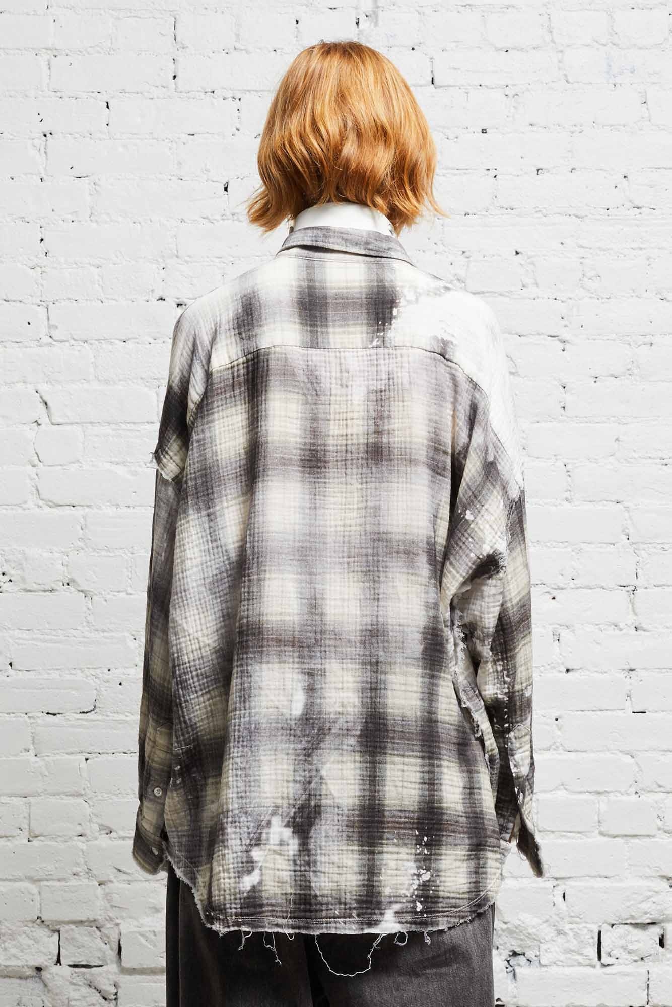 SHREDDED SEAM DROP NECK SHIRT - BLEACHED GREY PLAID - 5