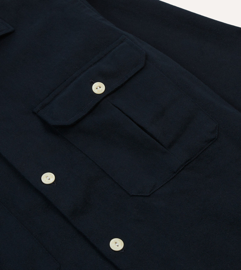 Navy Brushed Cotton Twill Two-Pocket Camp Collar Work Shirt 4