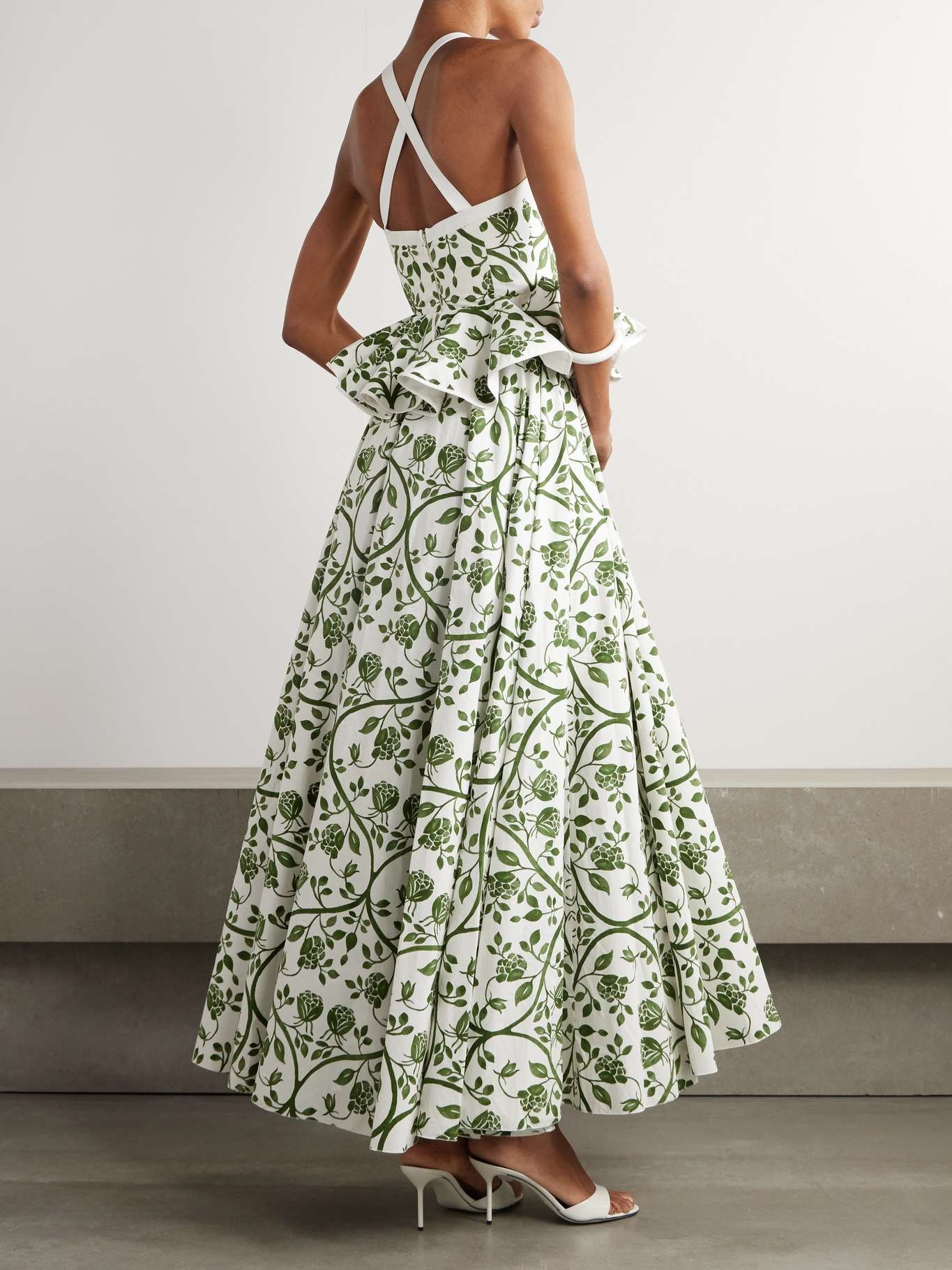 Floral-print cotton-poplin peplum maxi dress Green - 3