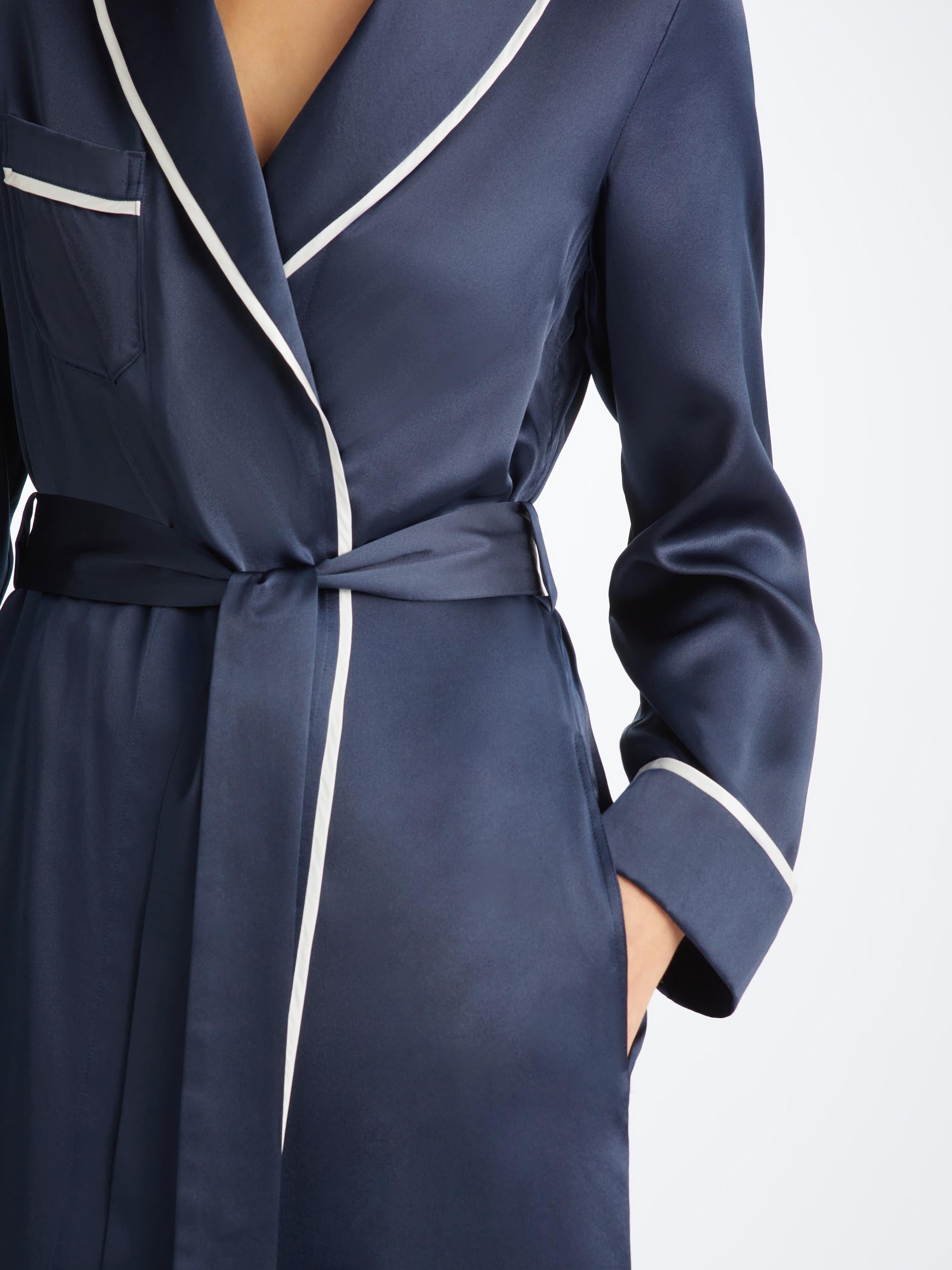 Women's Long Dressing Gown Bailey Silk Satin Navy - 6