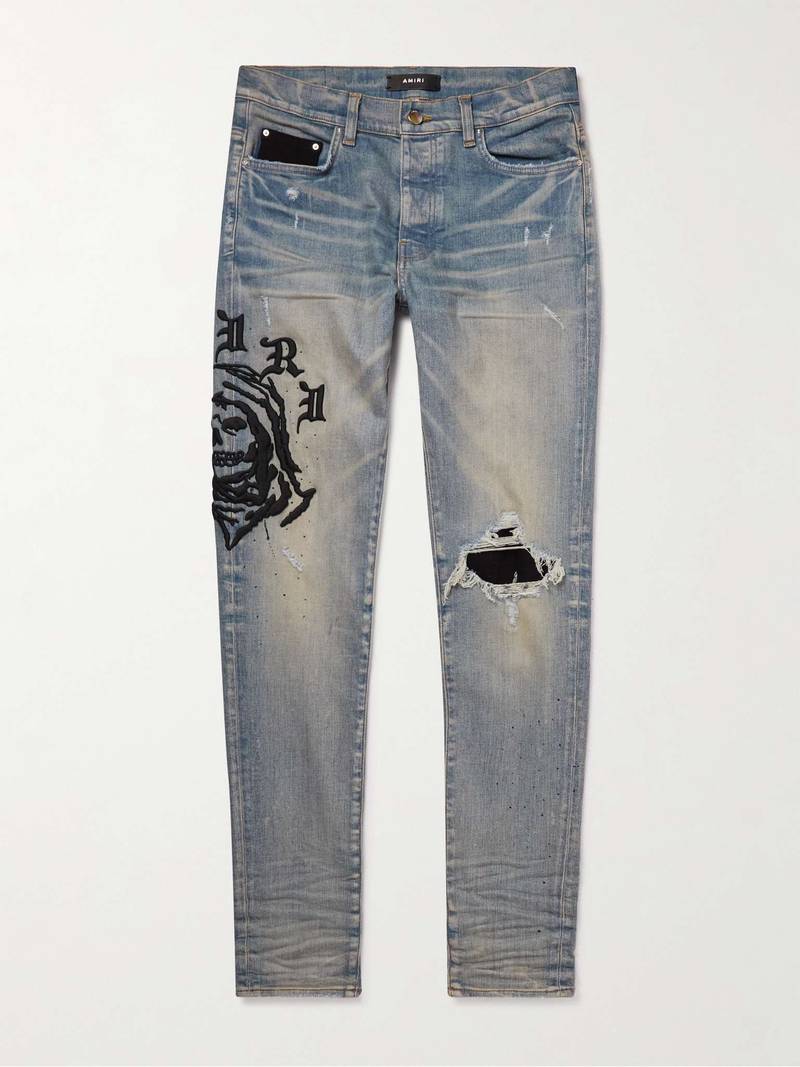 + Wes Lang 마른-Fit는 자수 청바지를 Distressed - 1