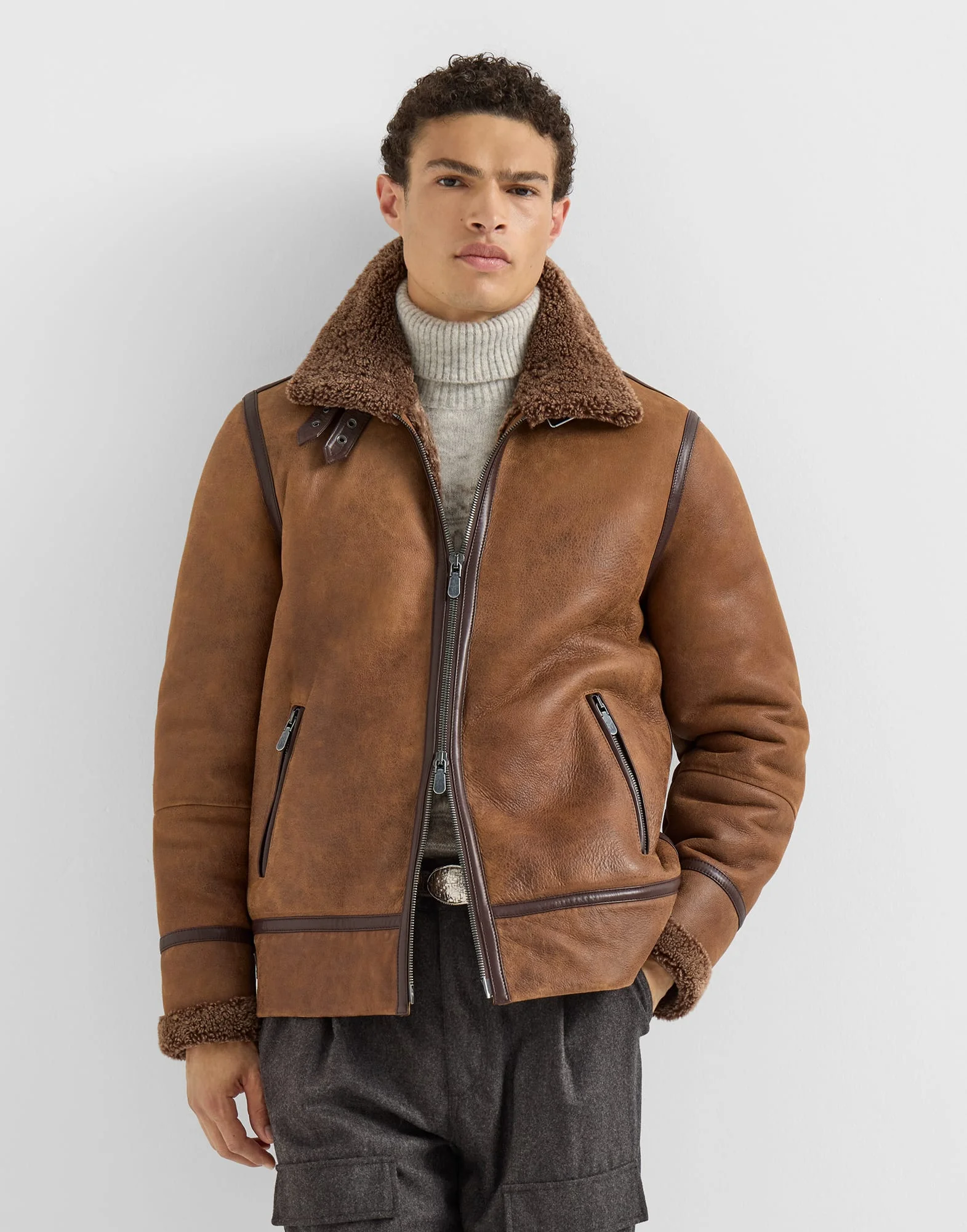 Vintage-effect shearling aviator jacket - 1