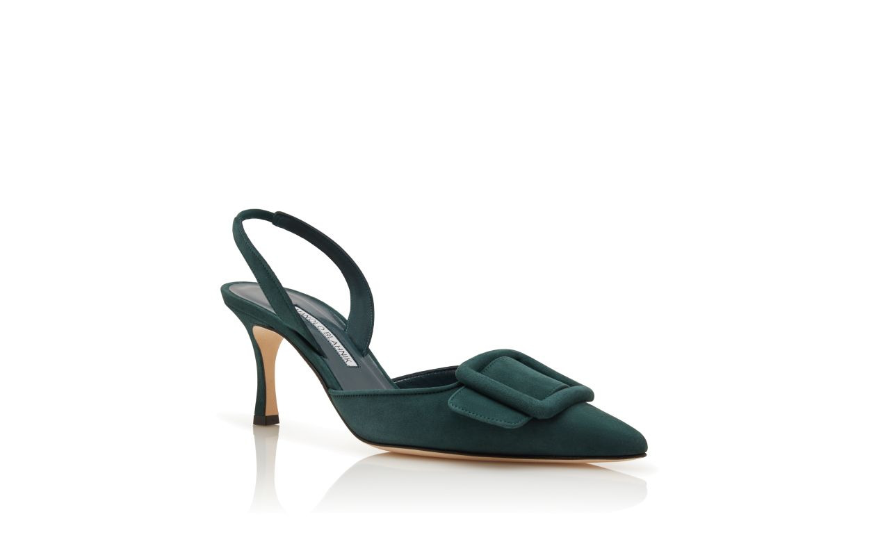 Dark Green Suede Buckle Detail Slingback Pumps - 3