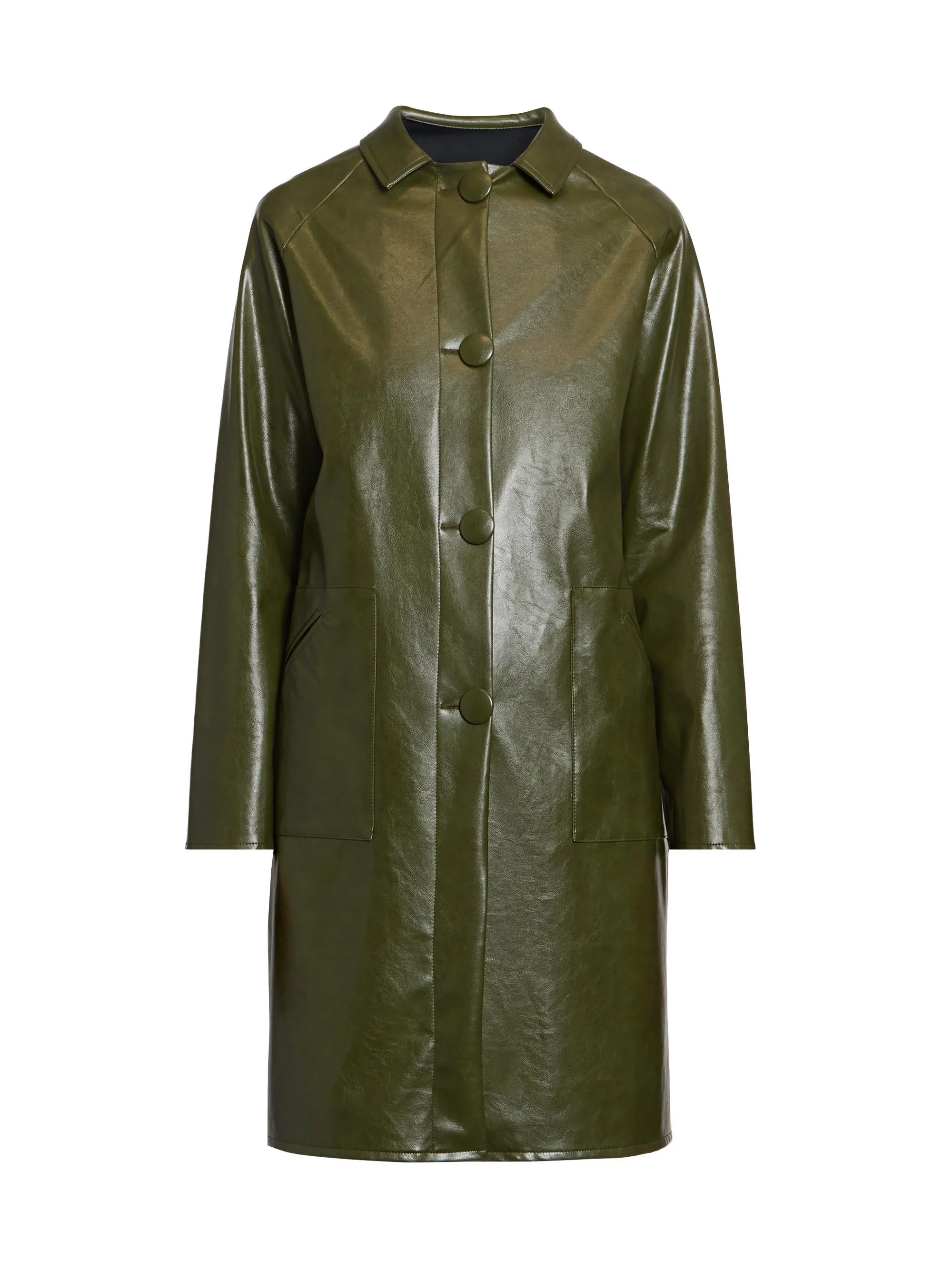 Women's Faux Leather Coat - Forest Green - 1