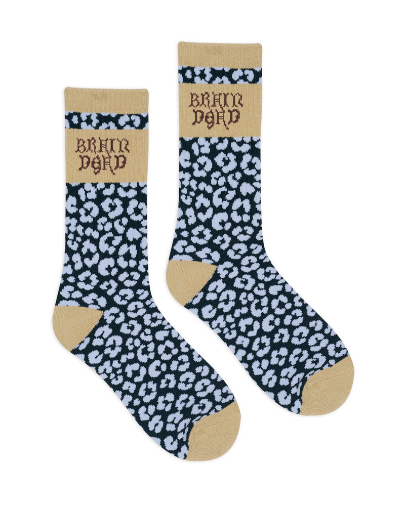 BRAIN DEAD Paneled Logo Crew Socks - Blue Leopard/Khaki outlook