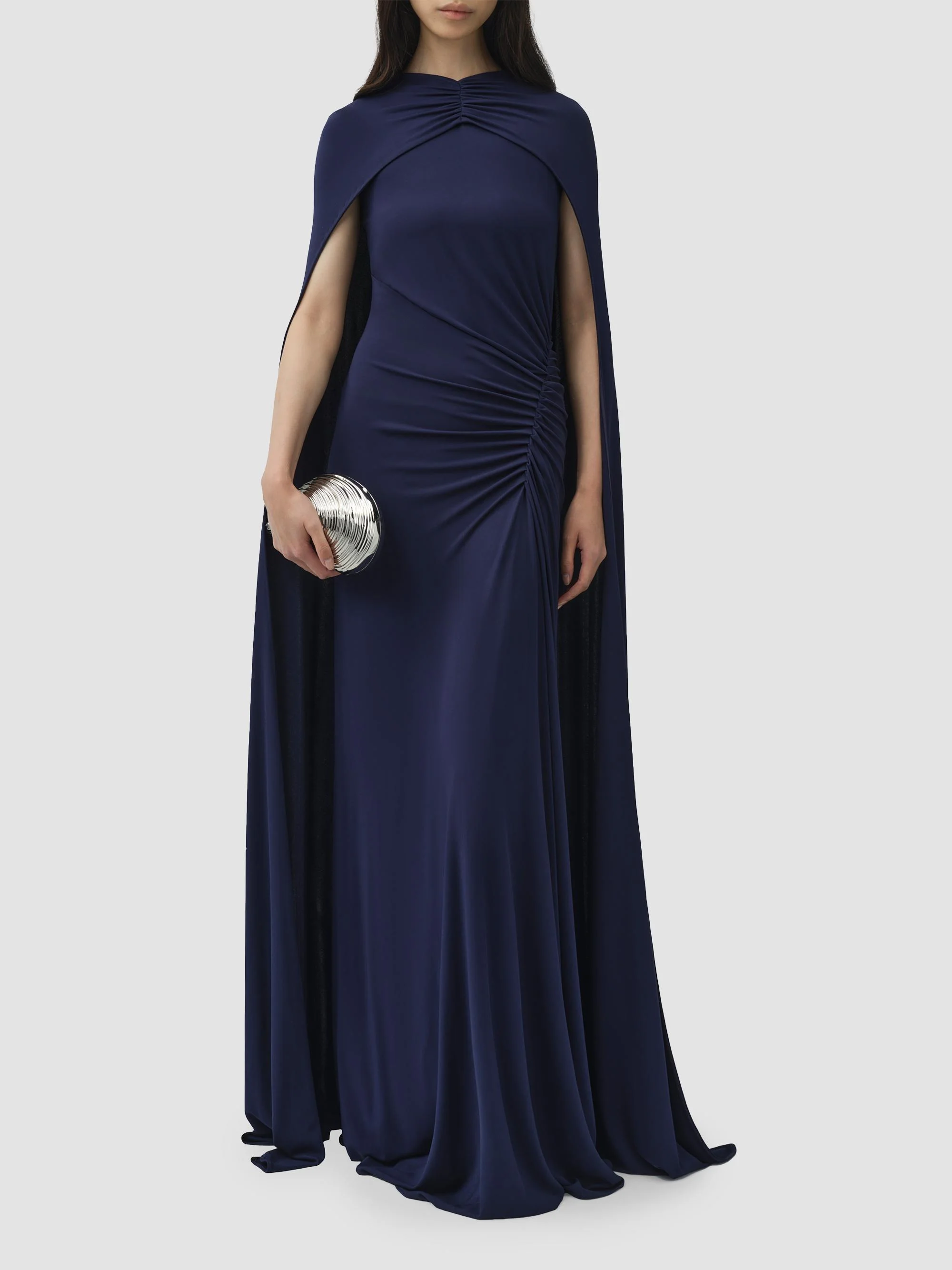Women's Draped Stretch Jersey Demi Cape Gown - Midnight - 1