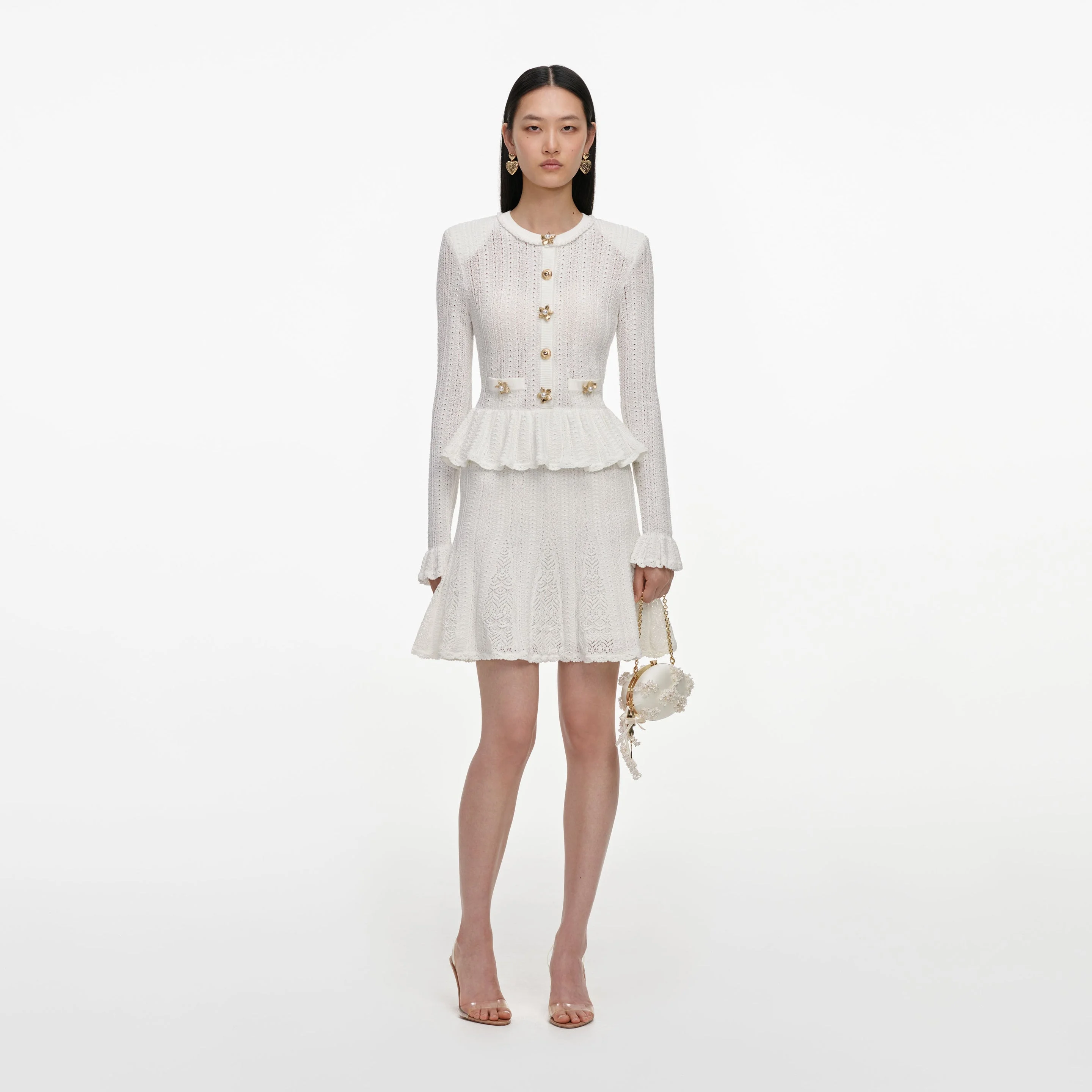 White Pointelle Peplum Knit Mini Dress - 1