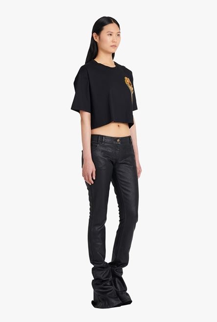 Cropped black and gold cotton T-shirt - 7