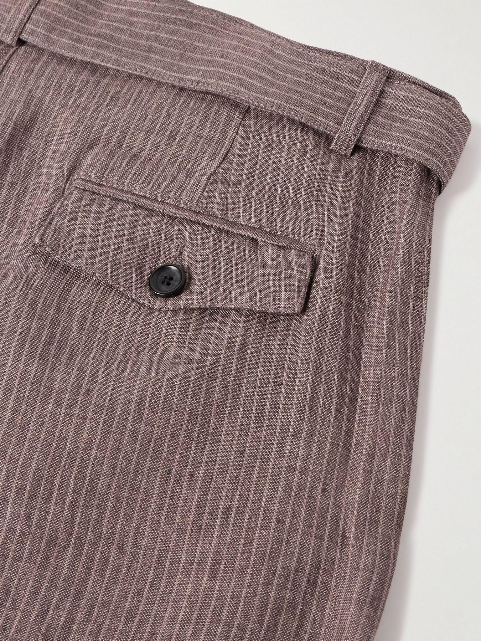 Wilkins Tapered Belted Pinstriped Linen Suit Trousers Brown - 5
