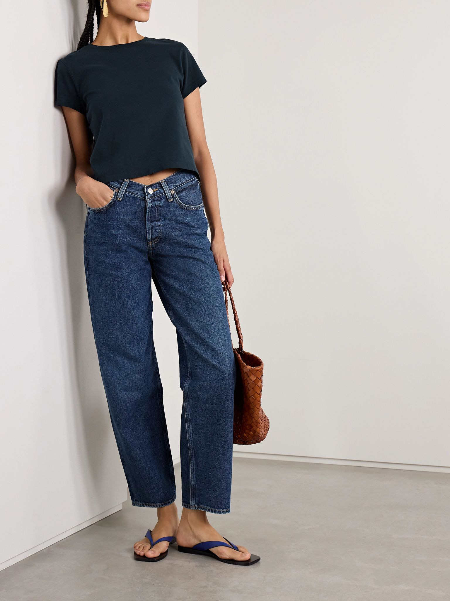 Adine cropped organic cotton-jersey T-shirt Navy - 2