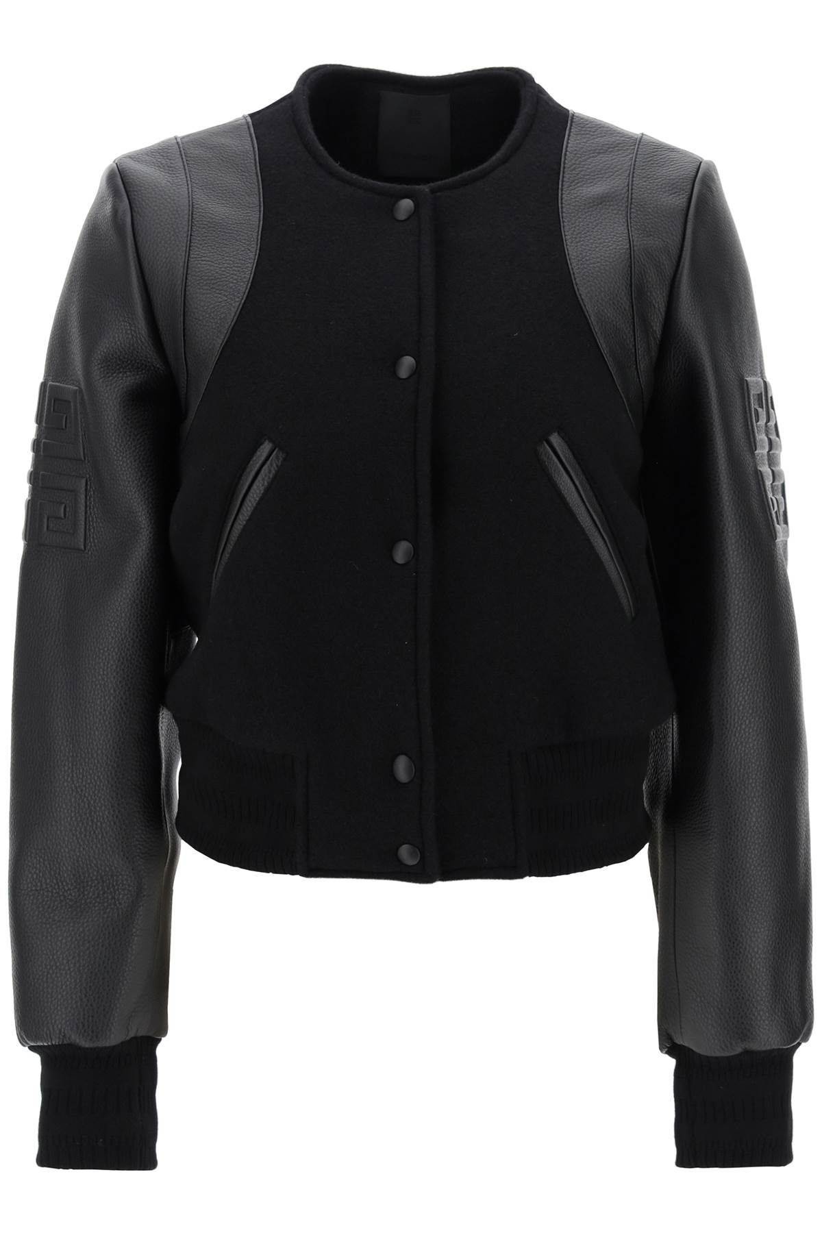 WOOL AND LEATHER CROPPED BOMBER JACKET - 1