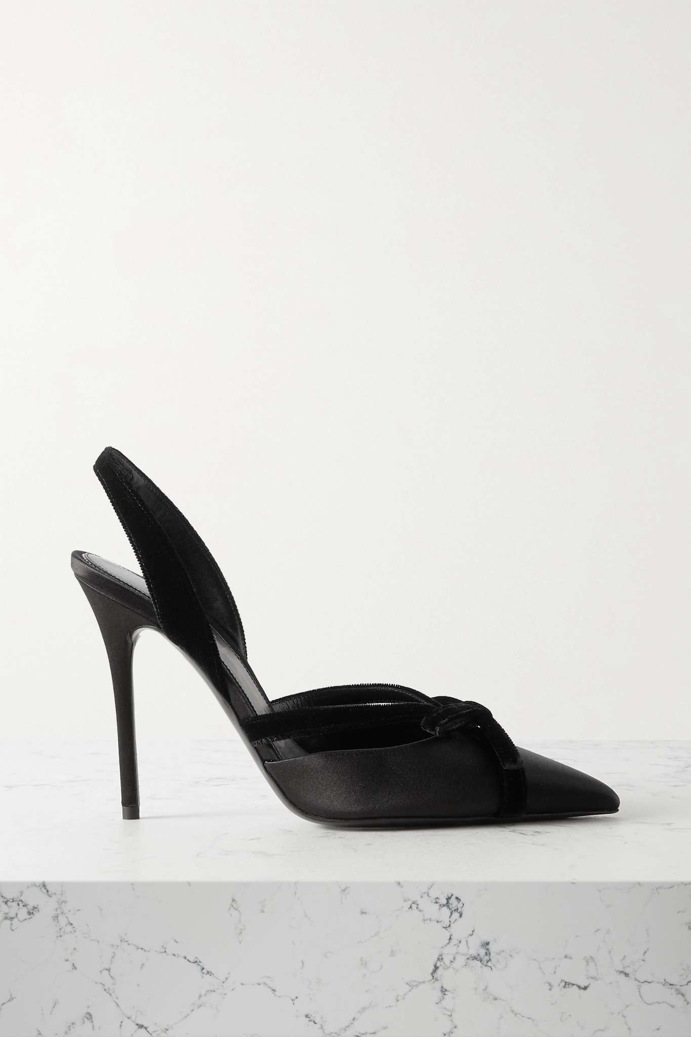 Velvet-trimmed satin slingback pumps - 1