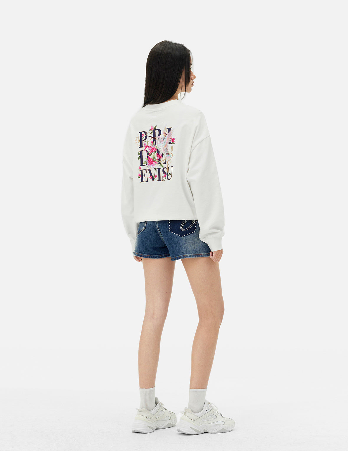“EV” Rhinestone Embellished Loose Fit Denim Shorts - 4