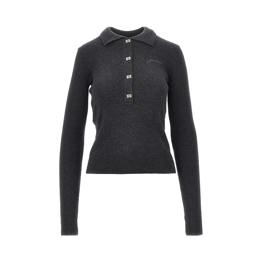 Ganni Women Butterfly Buttons Knitted Polo Shirt - 1
