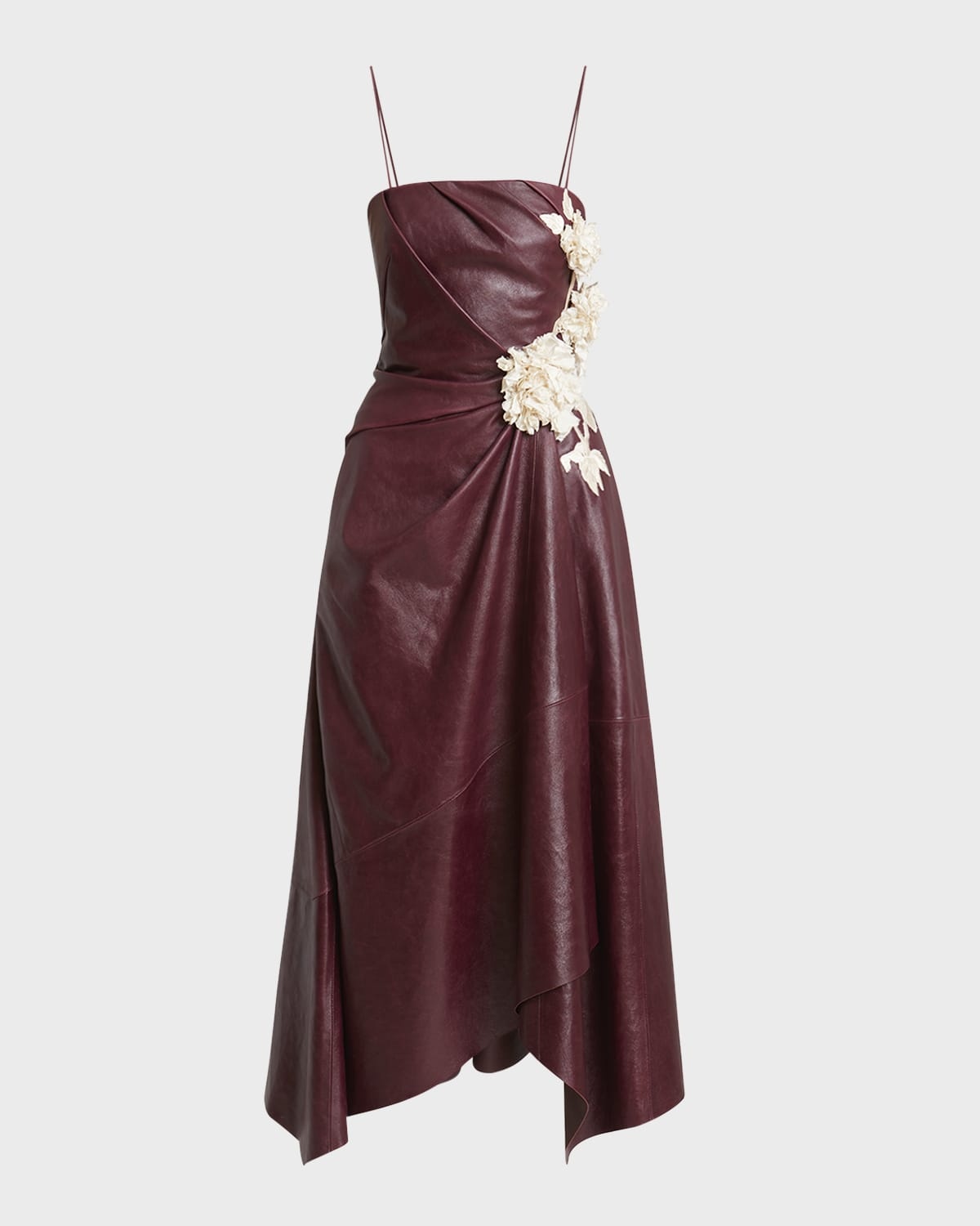 Leather Asymmetric Draped Floral Applique Dress - 1