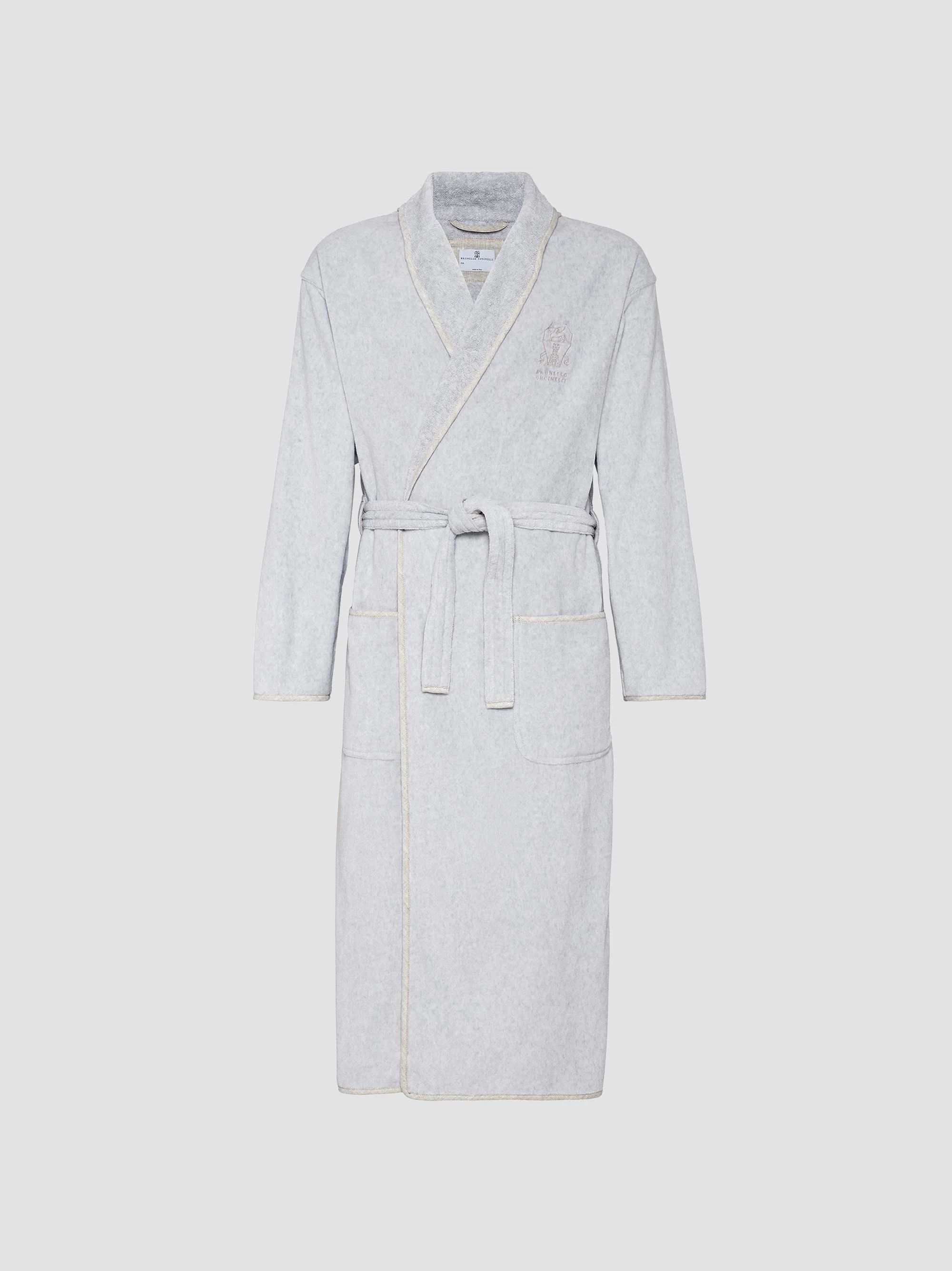 Women's Cotton Terrycloth Bathrobe with Linen Trims - Light Grey - 1
