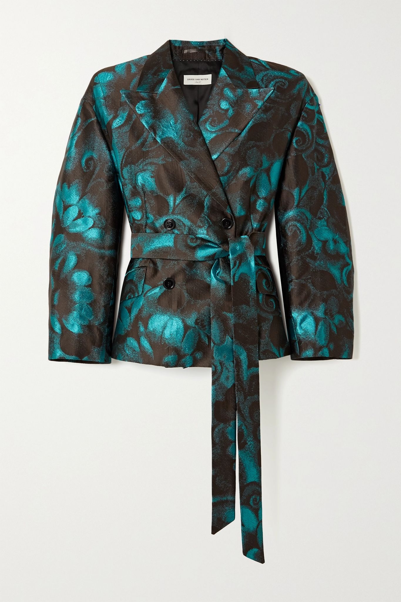 Belted double-breasted floral-jacquard blazer - 1