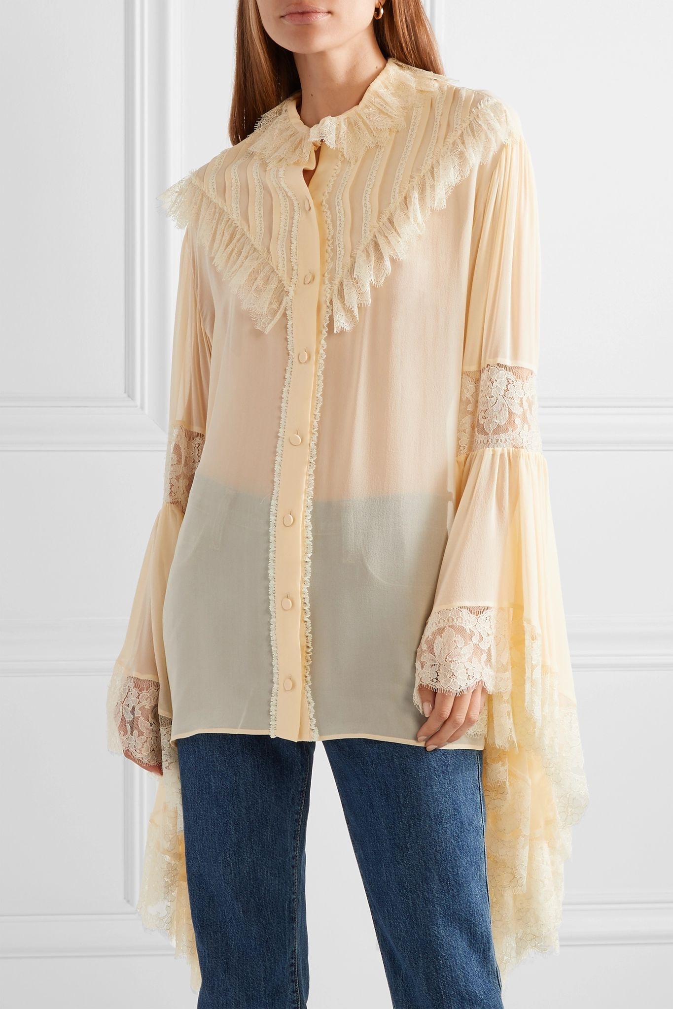 Oversized lace-trimmed silk-chiffon blouse - 3