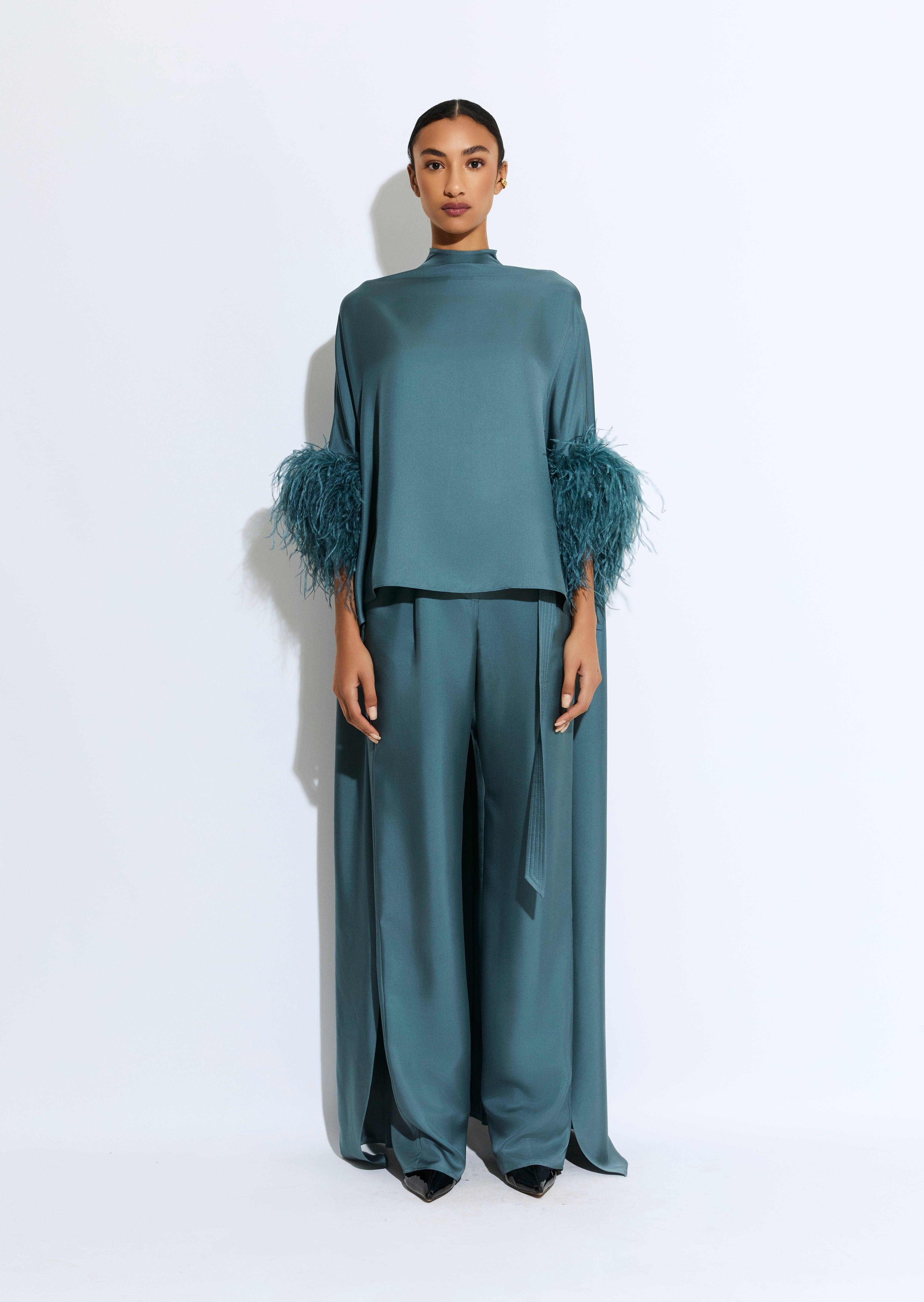 Silky Twill High Low Mock Neck Top With Feathers - 2