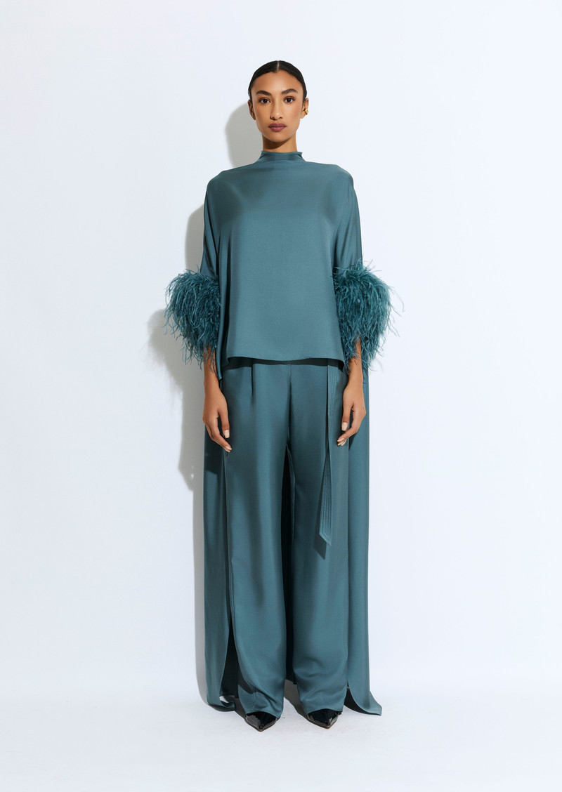 LAPOINTE Silky Twill High Low Mock Neck Top With Feathers outlook