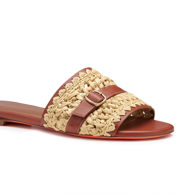 Women's brown leather and raffia slide sandal 5