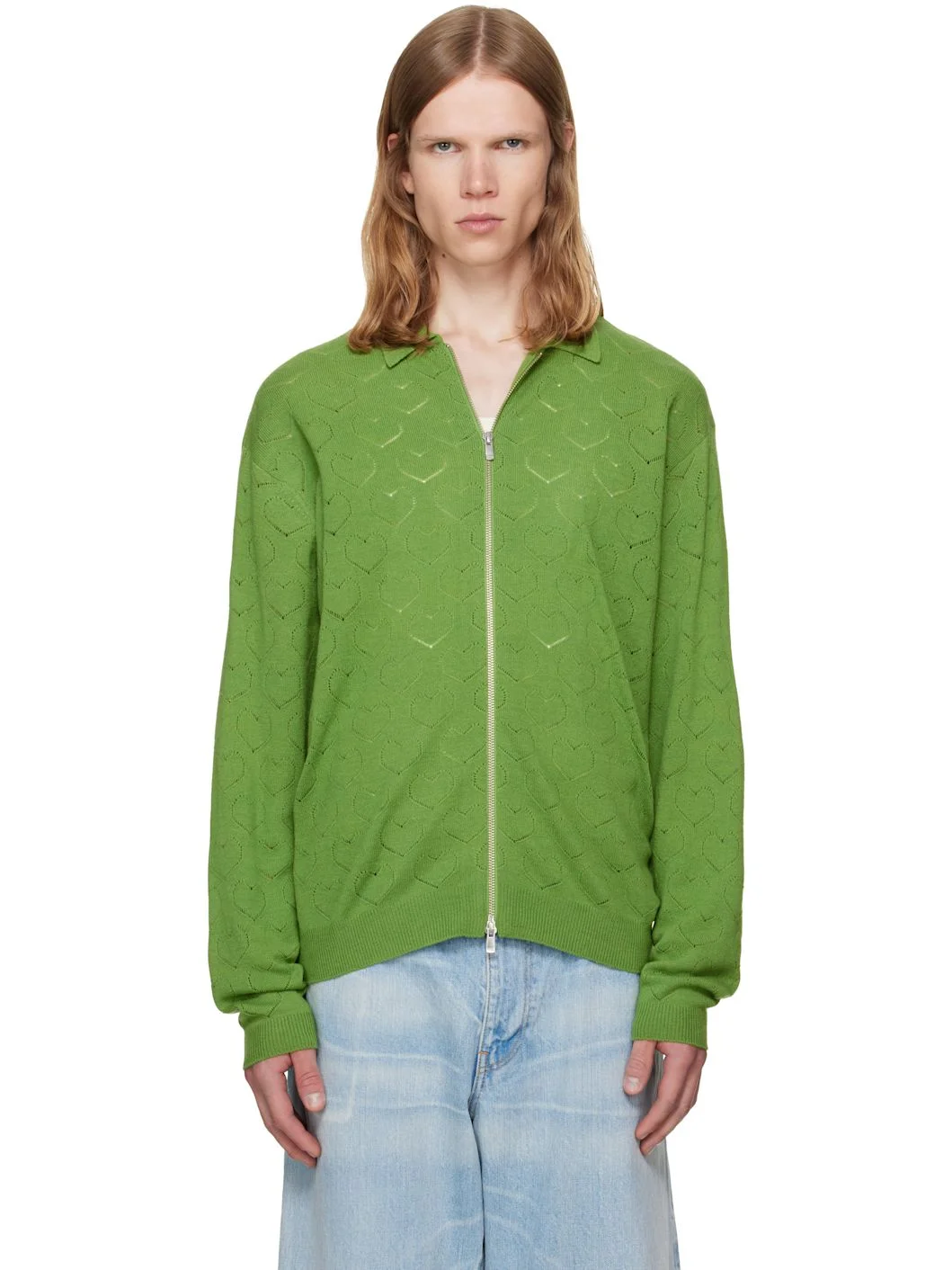 Green Eyelet Knitted Zip-Up Sweater - 1