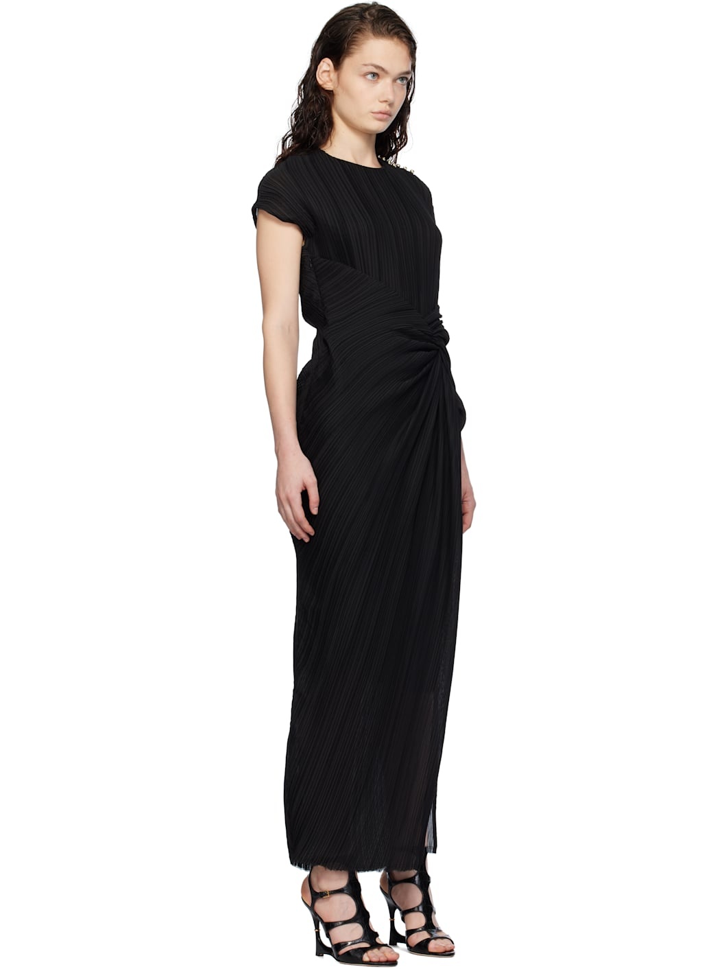 Black Asymmetrical Pleated Maxi Dress - 2