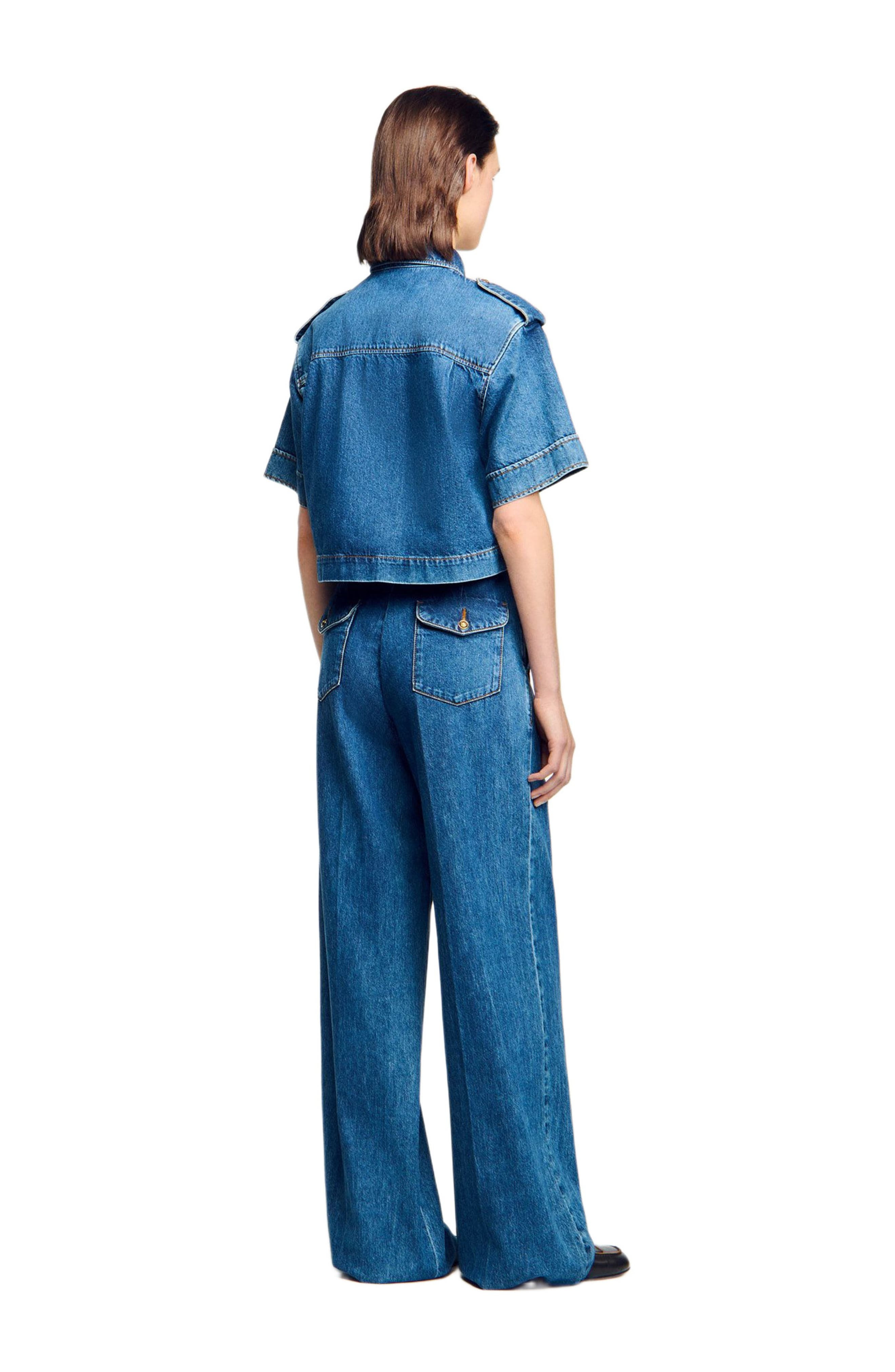 SANDRO Cropped denim shirt in Blue Jean at Nordstrom - 2