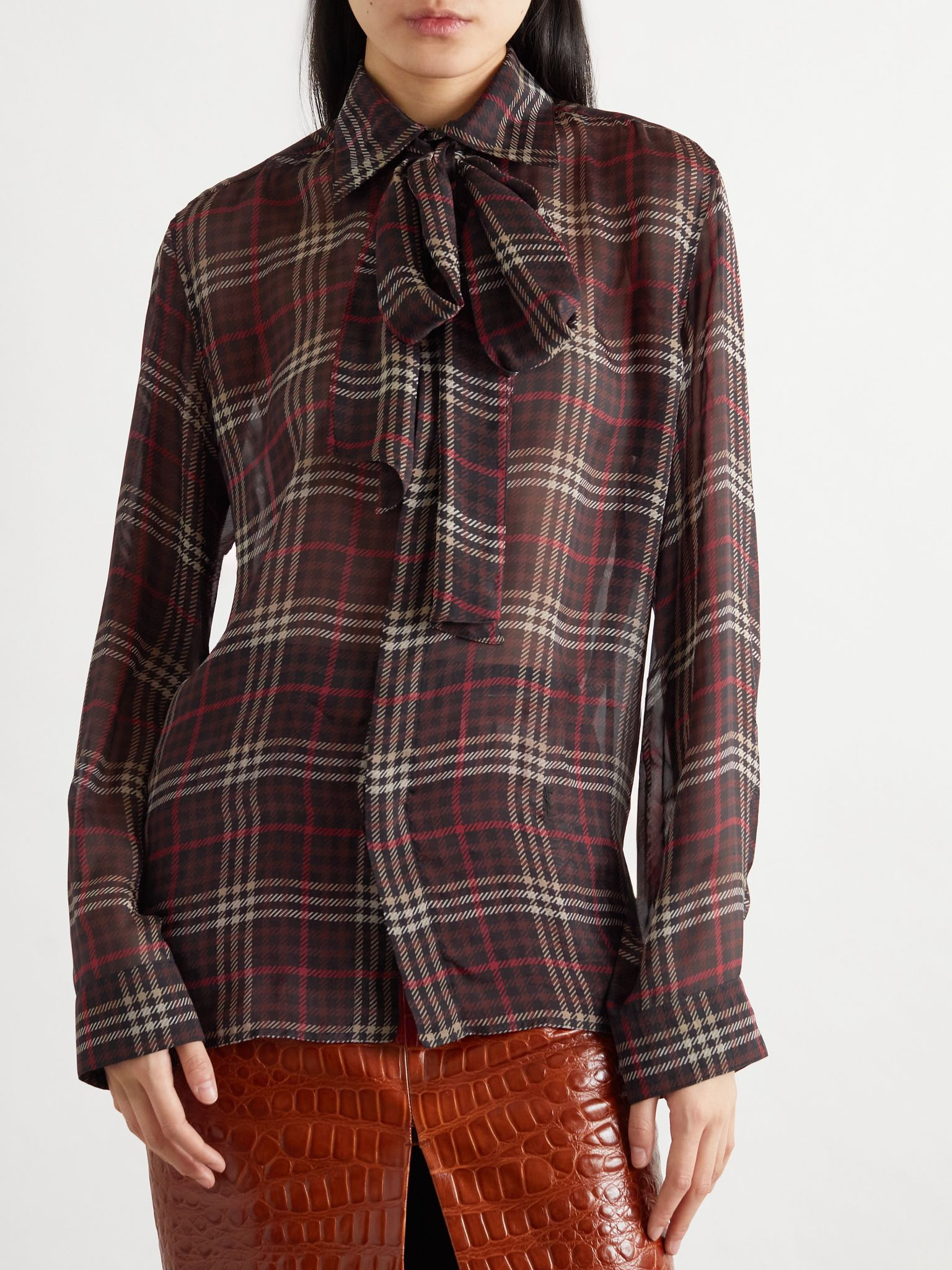Pussy-bow checked silk-chiffon shirt Burgundy - 3