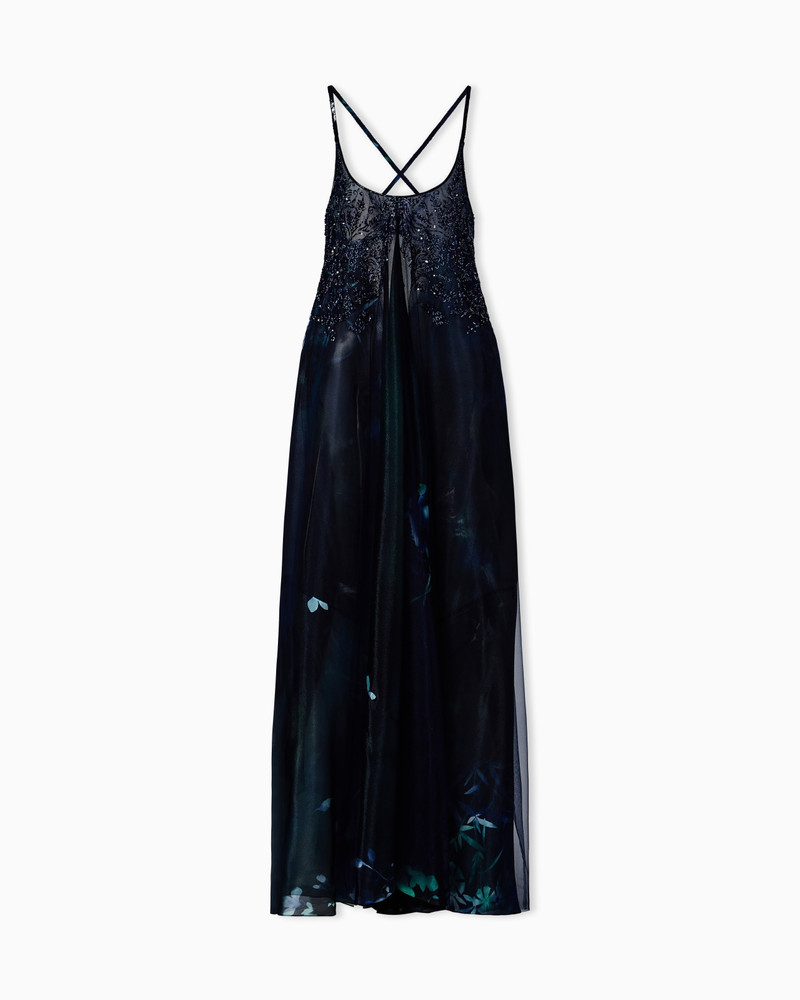 LONG DRESS IN EMBROIDERED FABRIC AND PRINTED SILK 1