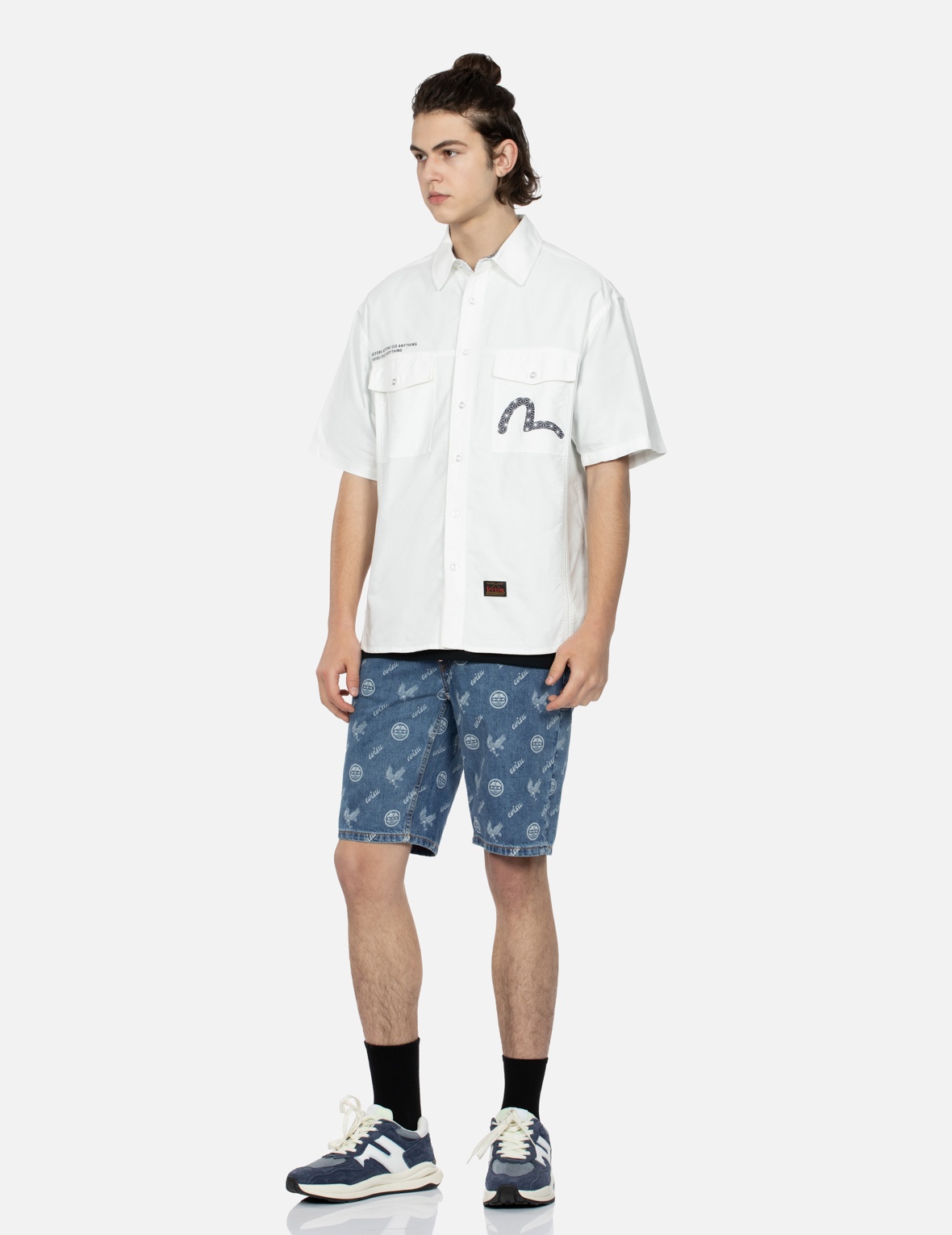 ALLOVER KAMON AND EAGLE PRINT DENIM SHORTS - 4