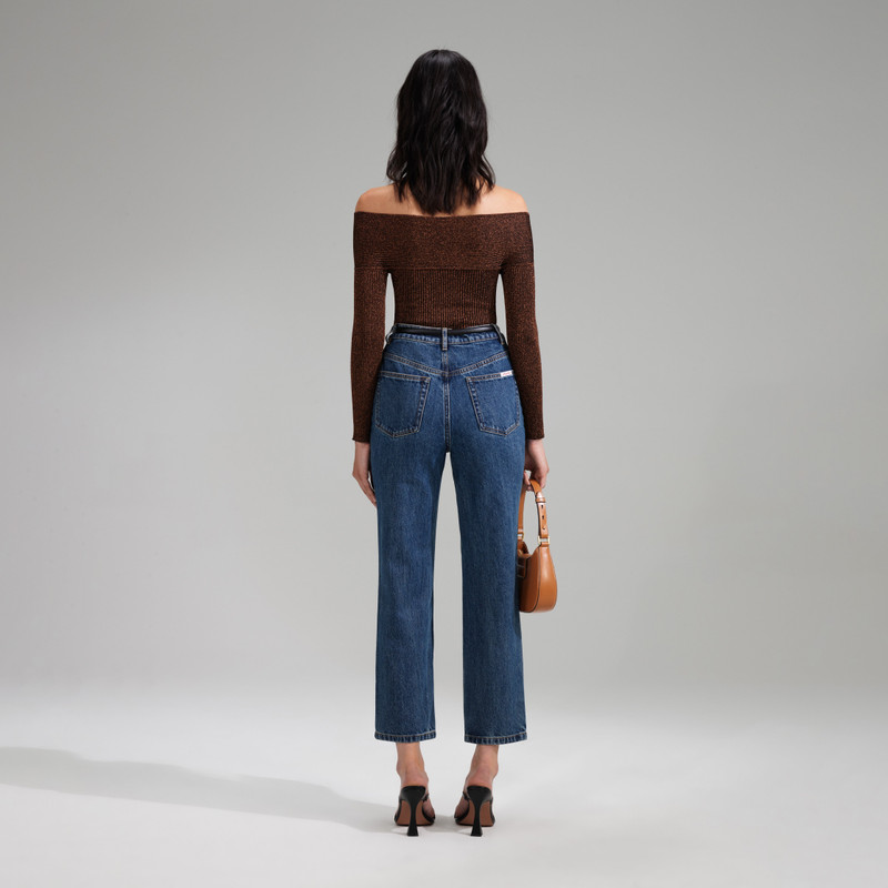 self-portrait Brown Lurex Knit Off Shoulder Top outlook