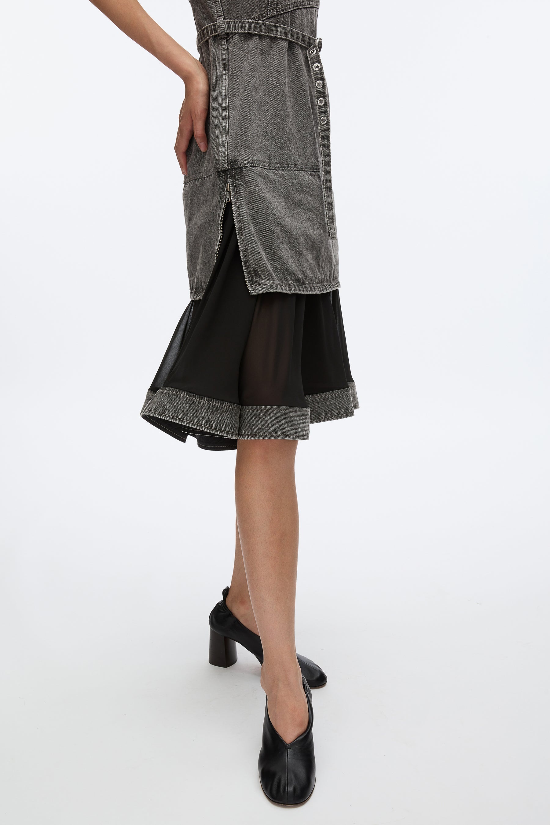 Denim V Neck Dress with Chiffon Hem - 6