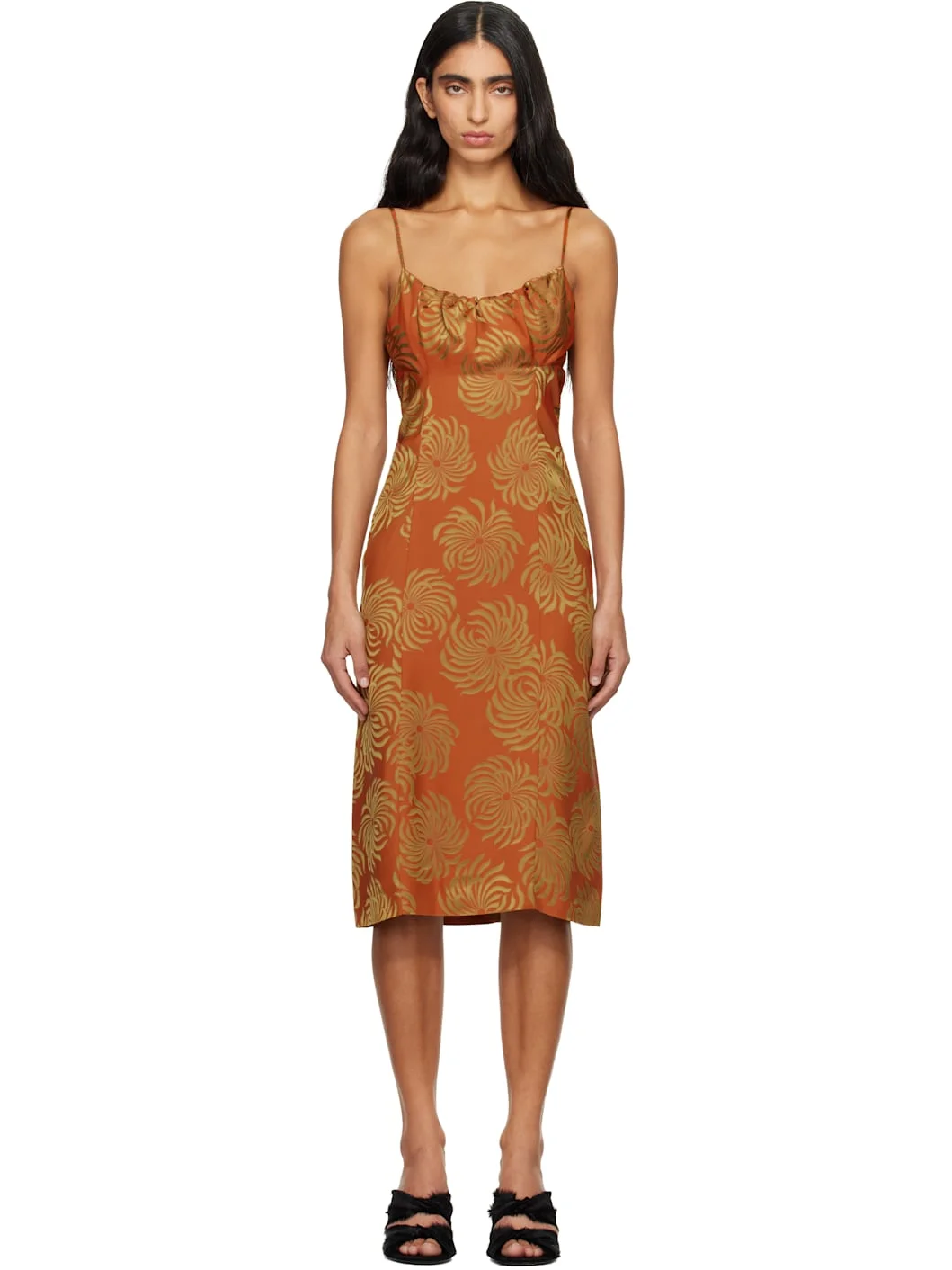 Orange Jacquard Slip Midi Dress - 1