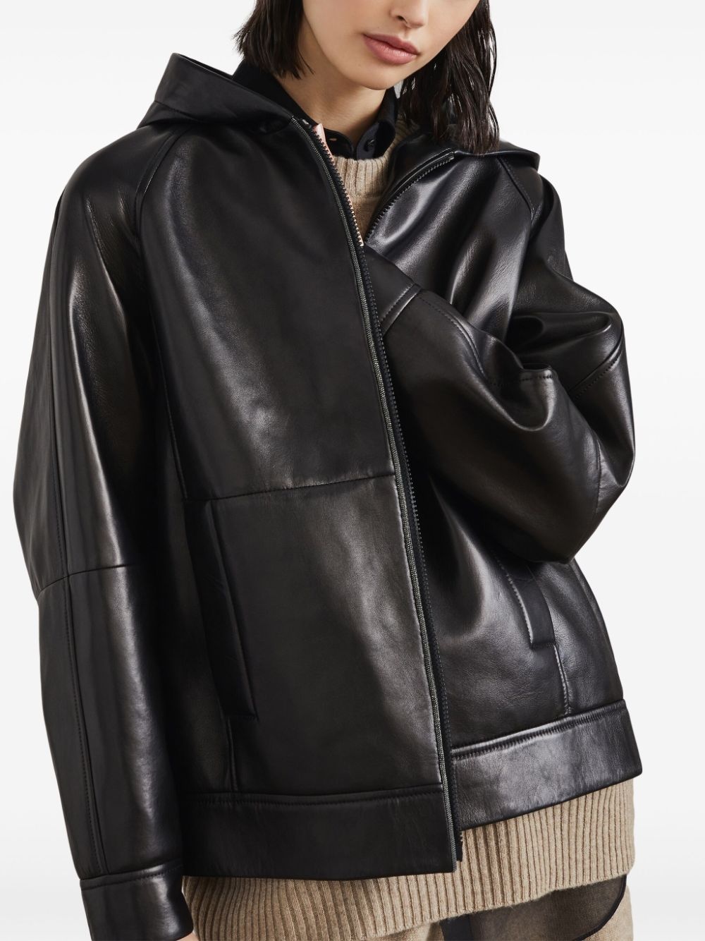 hooded leather jacket - 6