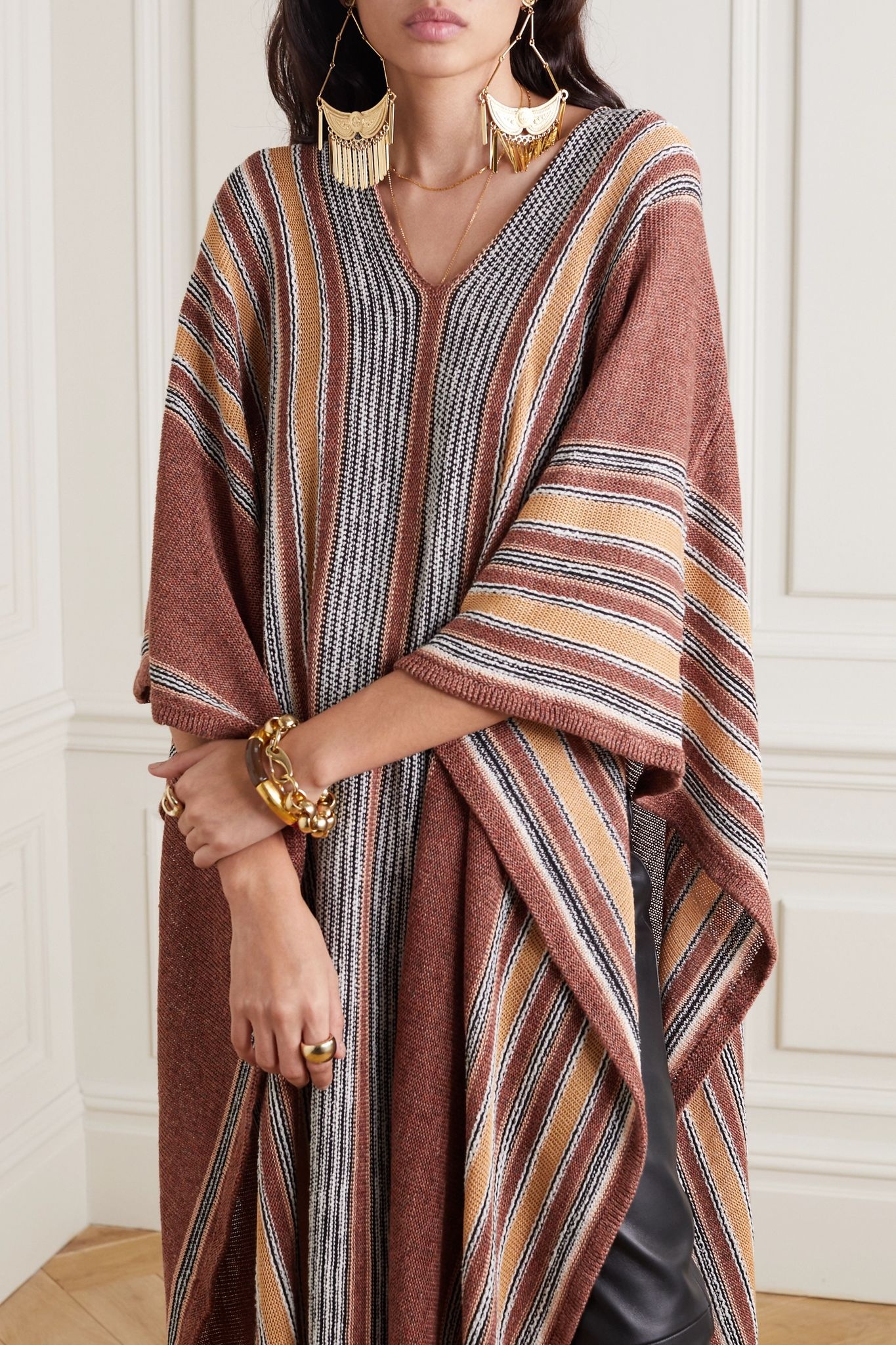 Striped linen-blend poncho - 3