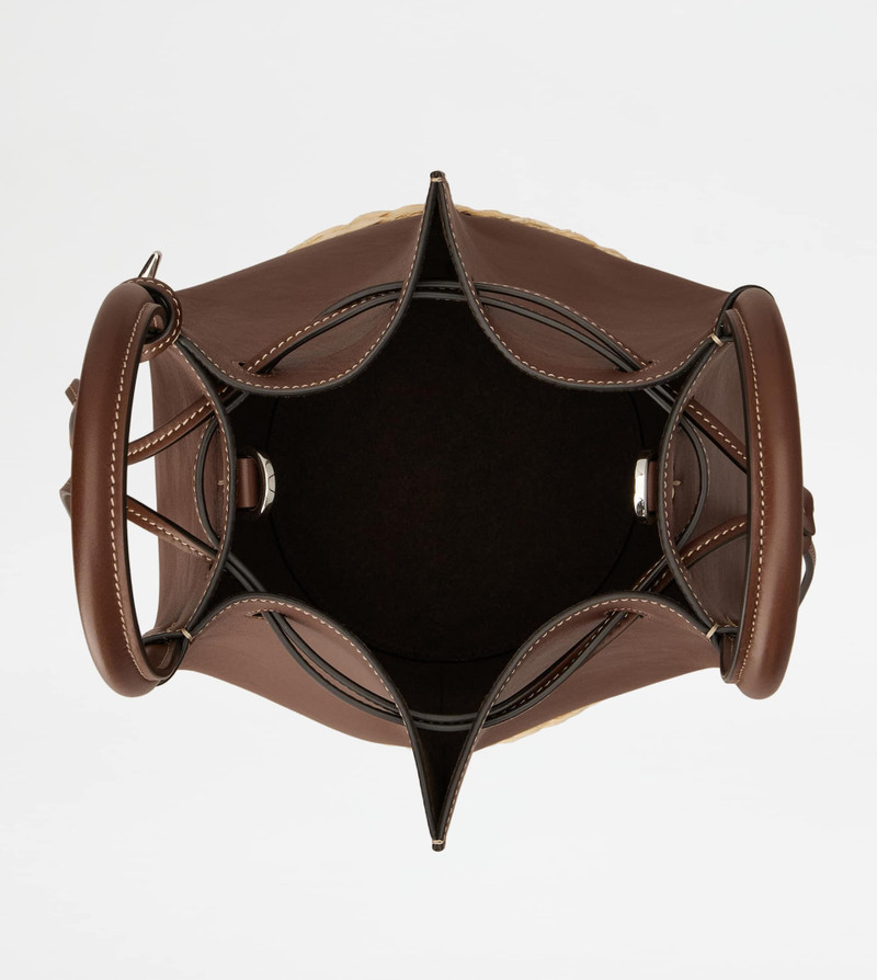 BUCKET BAG IN STRAW AND LEATHER MINI - BROWN, NATURAL 3