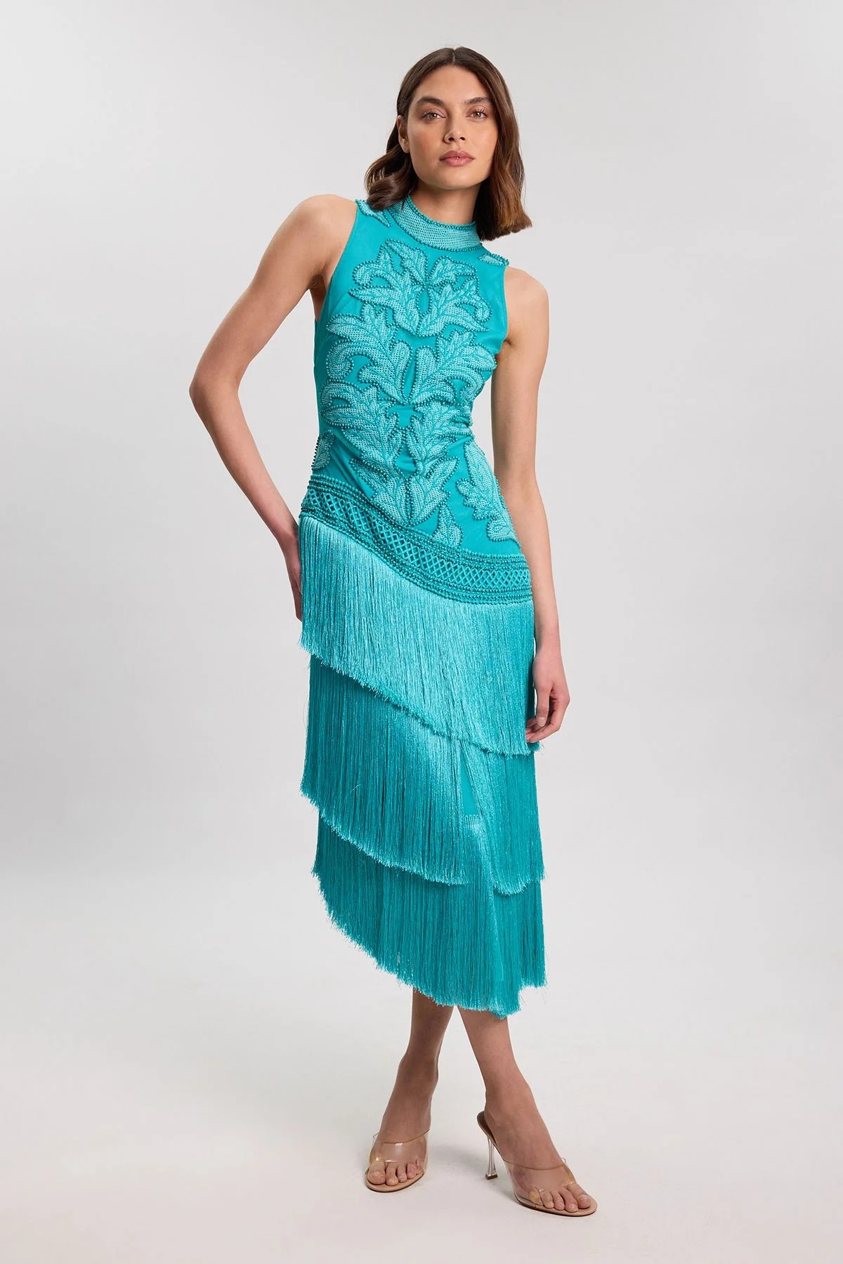 Fringed Asymmetric Beaded Halter Neck Woven Maxi Dress - 1