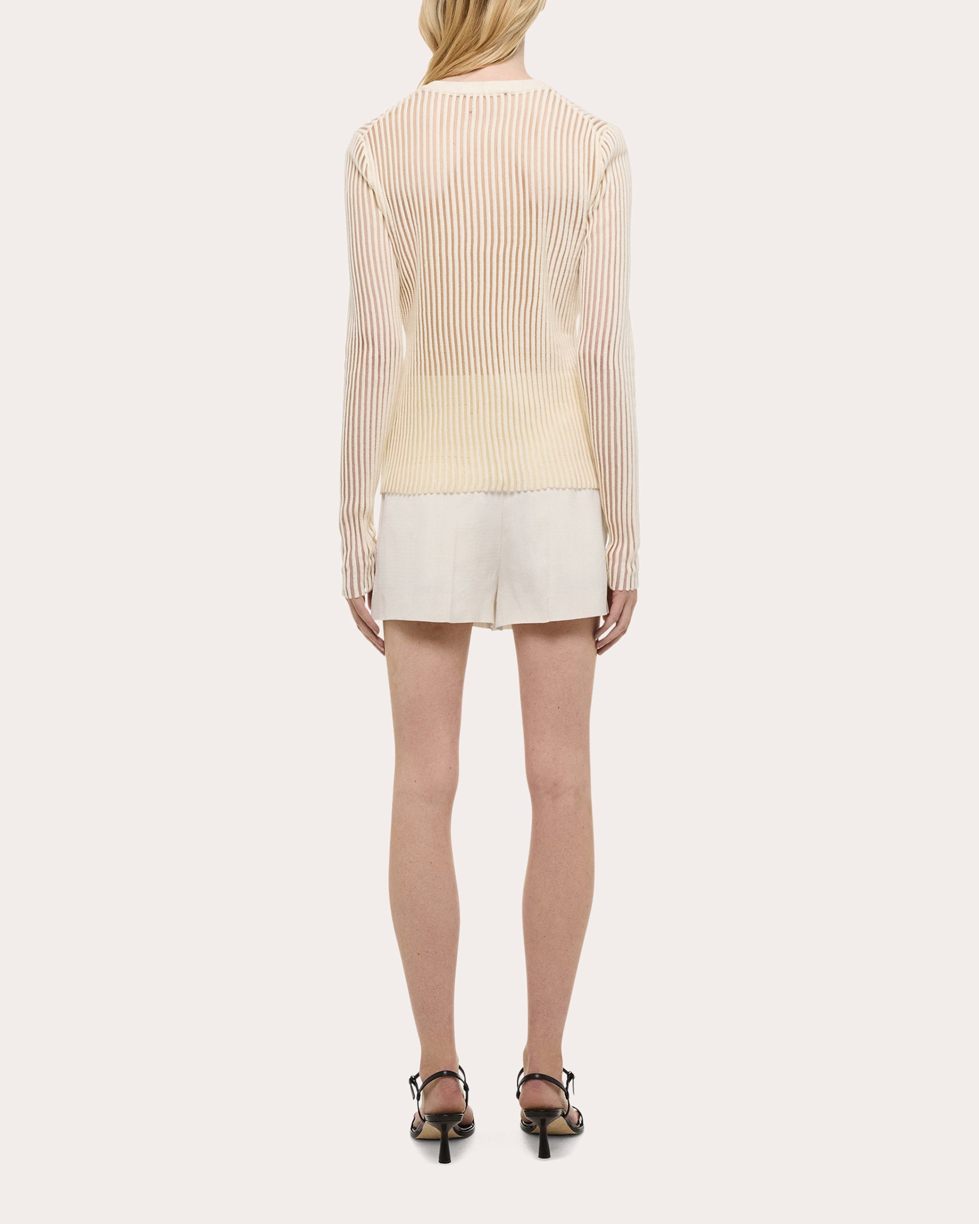 Sheer Stripe Ribbed Cotton Crewneck Sweater - 2