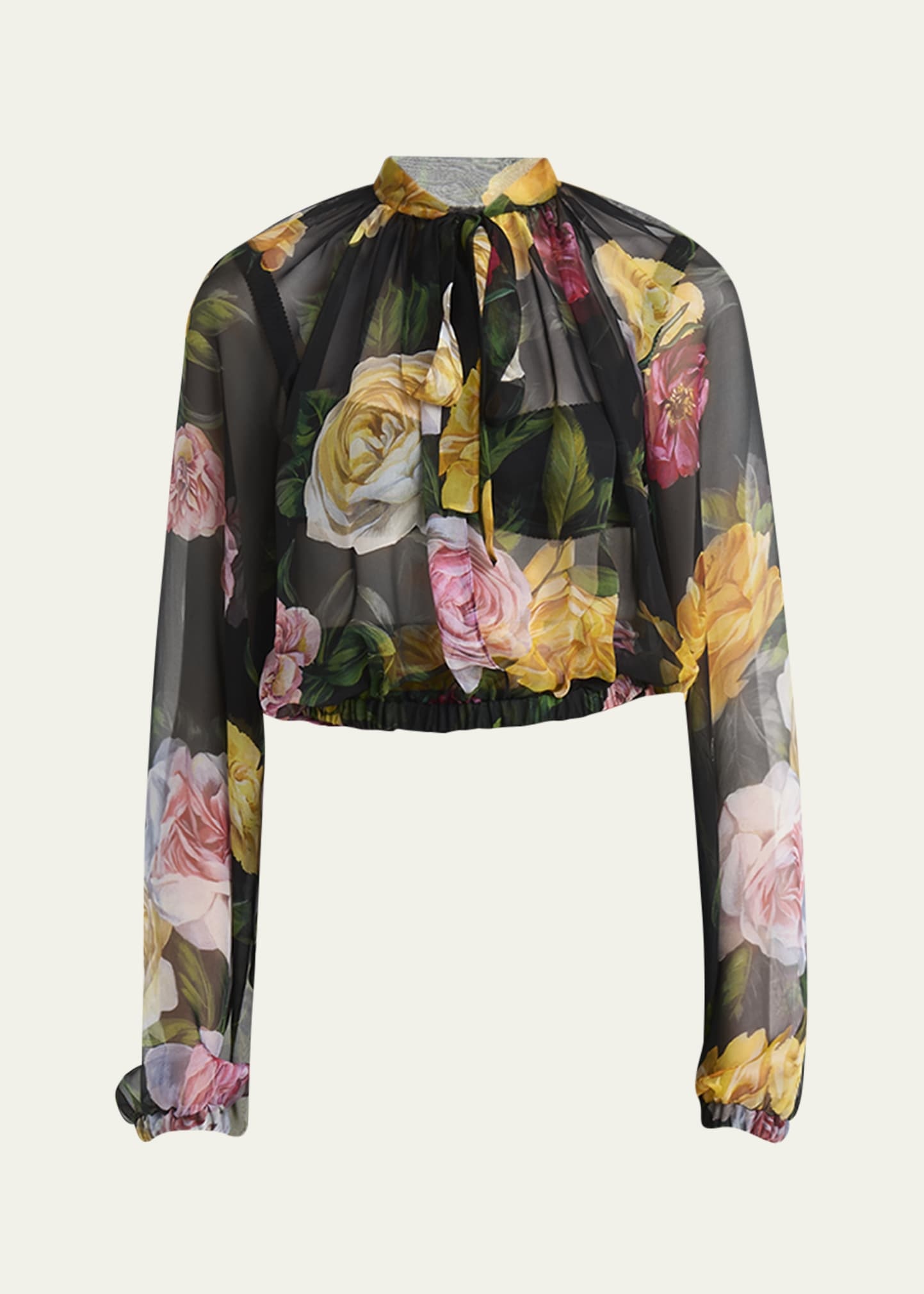 Rose Tie-Neck Chiffon Cropped Blouse - 1