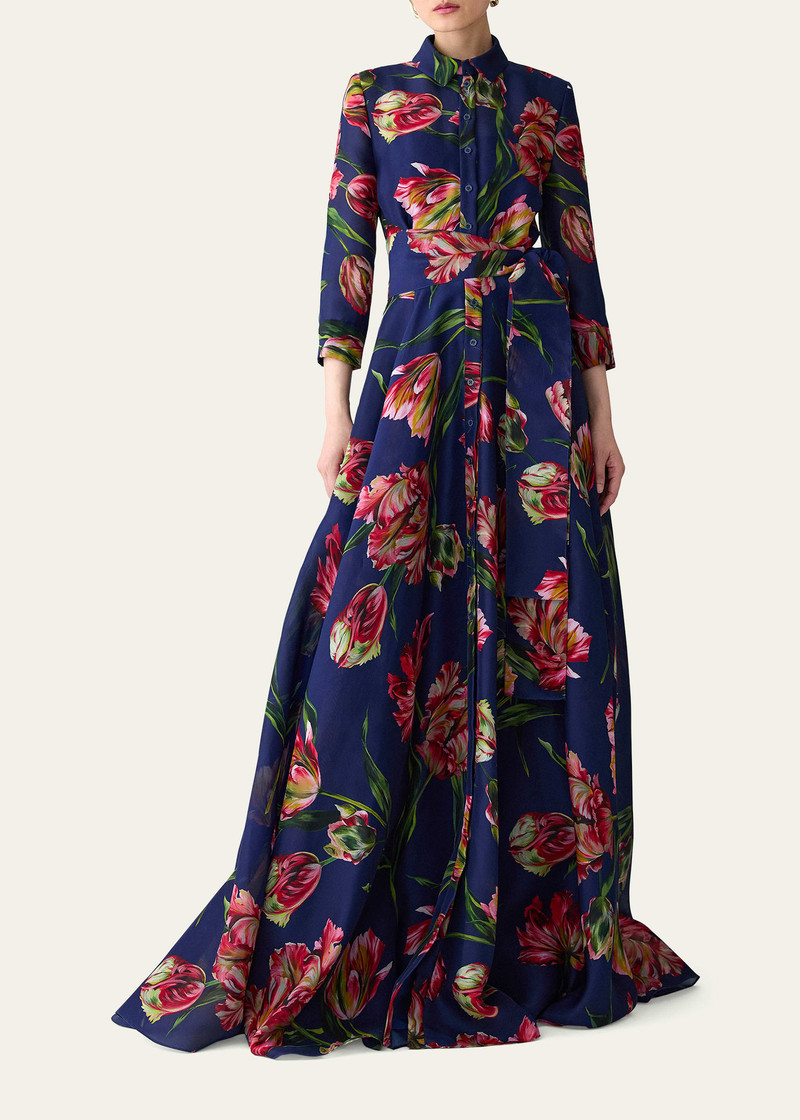 CAROLINA HERRERA Floral Silk Belted Long-Sleeve Trench Gown outlook