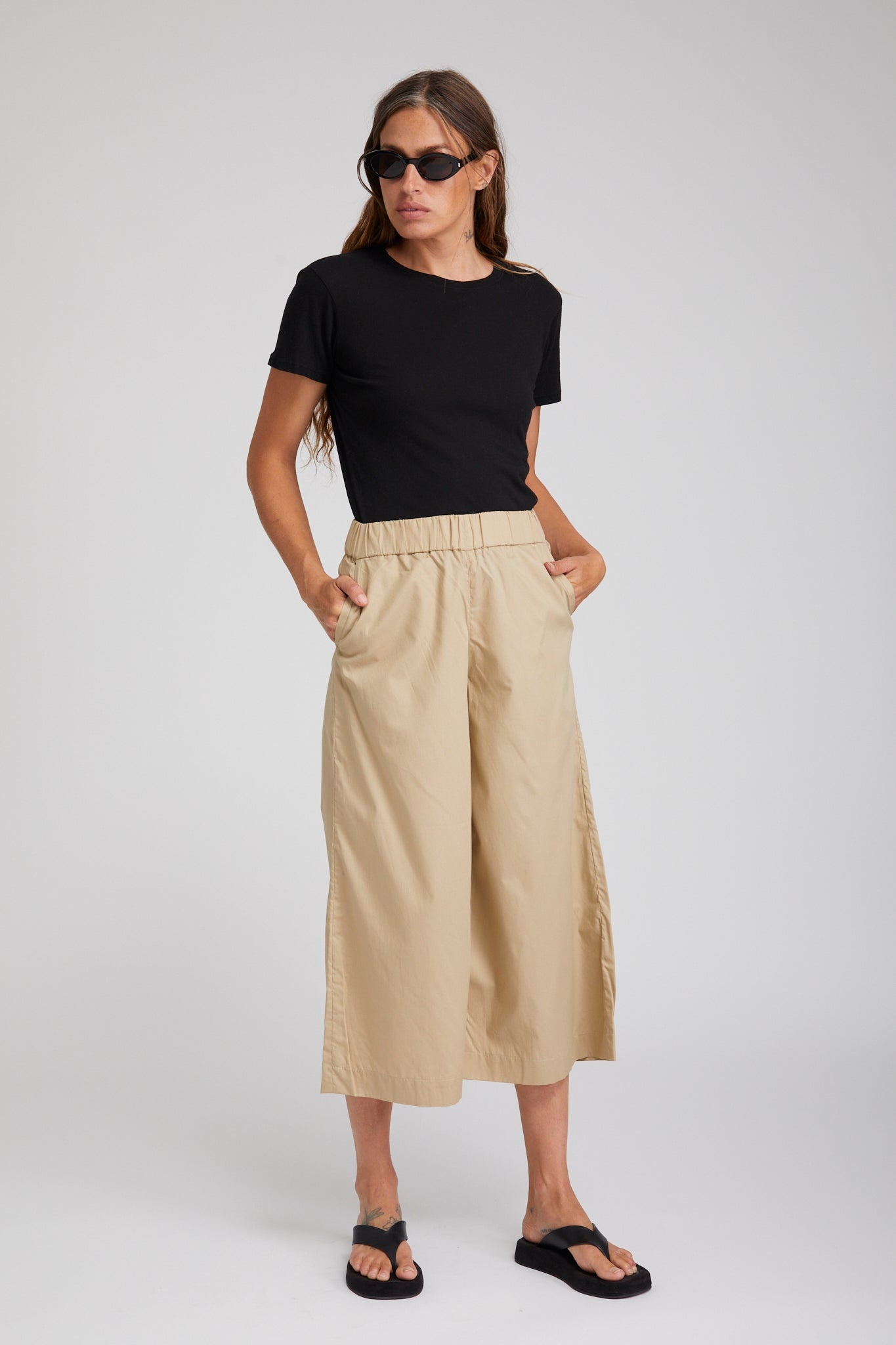 BEIGE COTTON POPLIN CULOTTE PANTS - 2